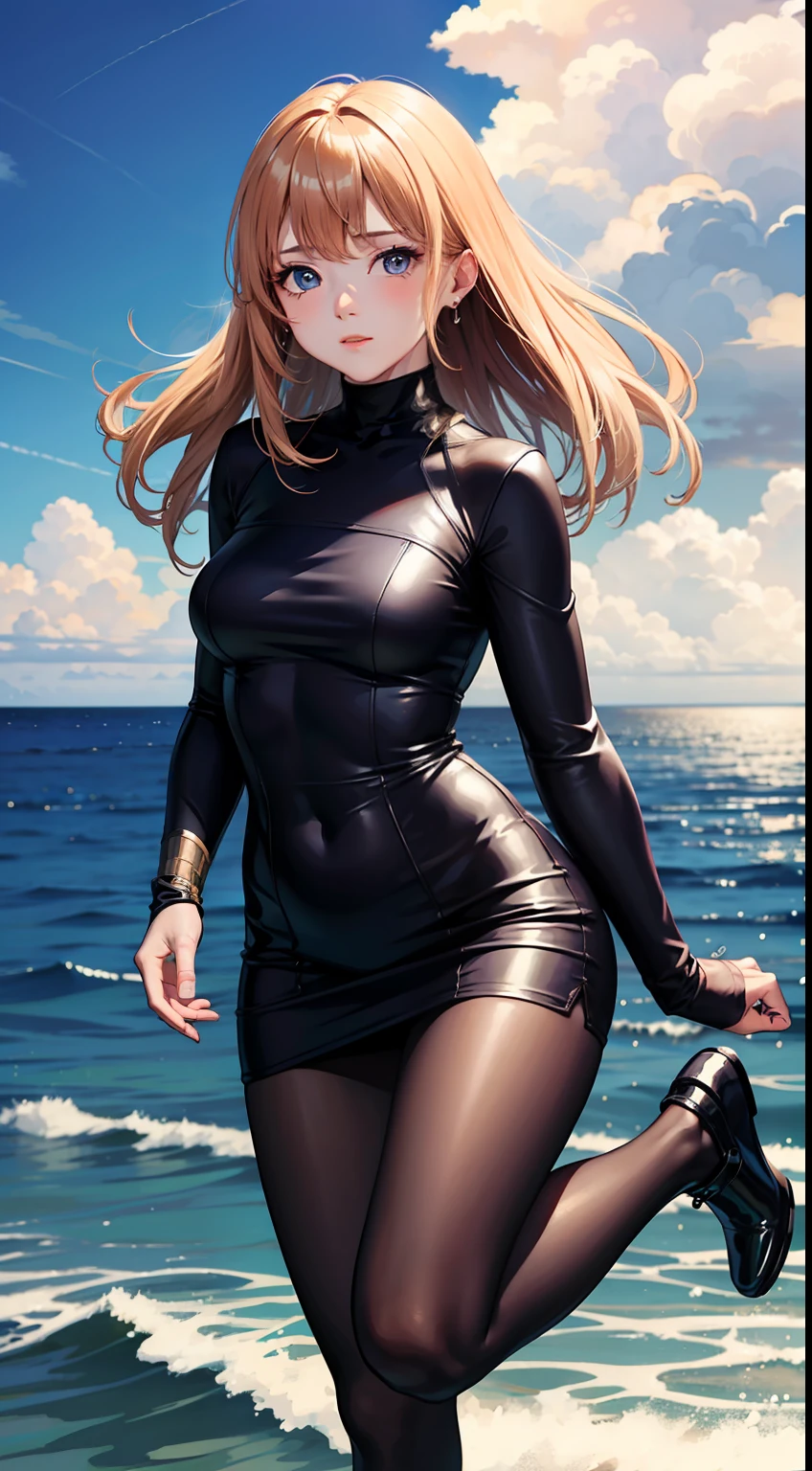 tmasterpiece, Best quality at best, focus onface, line art, dynamic angle, 1girl, ayanamirei, Plug set, looking at viewert, expressionless eyes, good lighting, A high resolution, Good anatomy, Clear skin, Detailed skins, cute face, 独奏, standing on your feet, the ocean,full bodyesbian