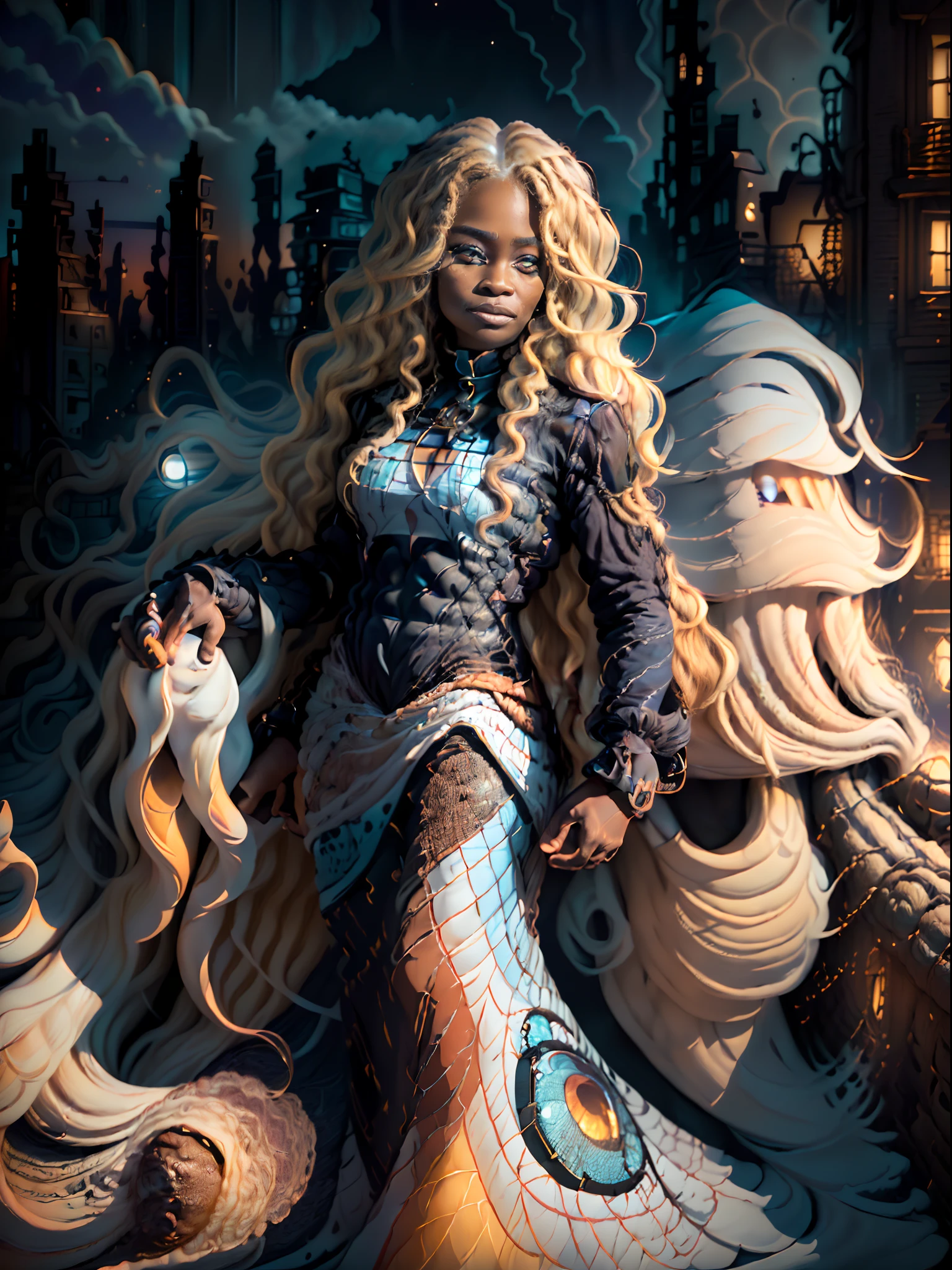 (Masterpiece, award-winning, entire fullbody in picture, 16k hdr resolution, ultra-realistic, very detailed face | eyes | clothes), ((a 55 years old beautiful african woman, long wavy blonde hair:1.4), (cyan eyes|irises:1.2), (sandy urban environment):0.8 | (cityscape, at night, dynamic lights), (full moon)