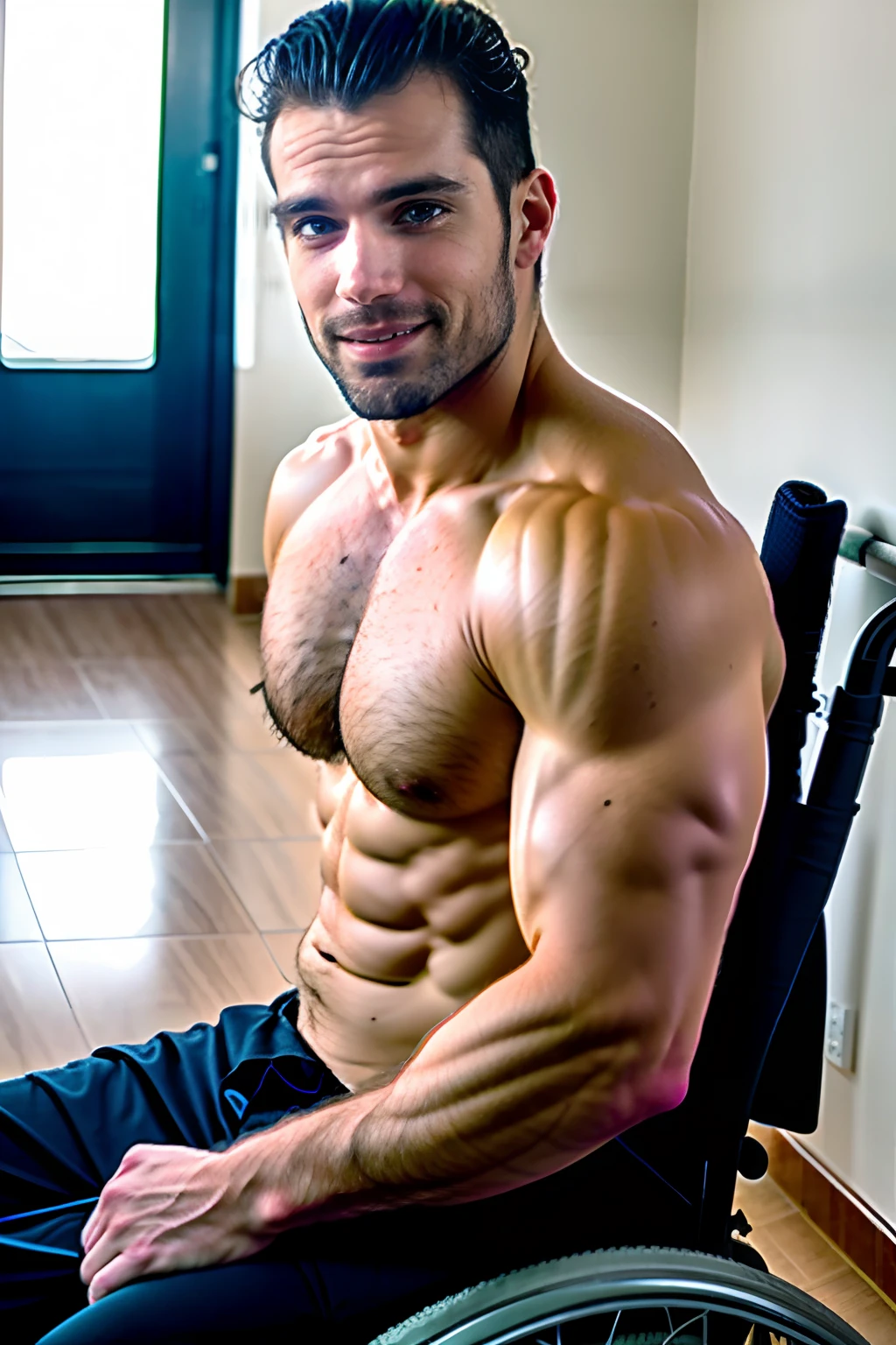 Homem cadeirante, wheelchair user, paraplegic, cadeira de rodas realista, cadeira de rodas detalhado, Real wheelchair athletic body, detailed muscles, corpo peludo, Cabelo, cabelo blondie, rosto sorridente, olhos azuis, Saqueira, fotografia, Ultra realista, Uplighting, alta qualidade, menos contraste, ambiente de quarto