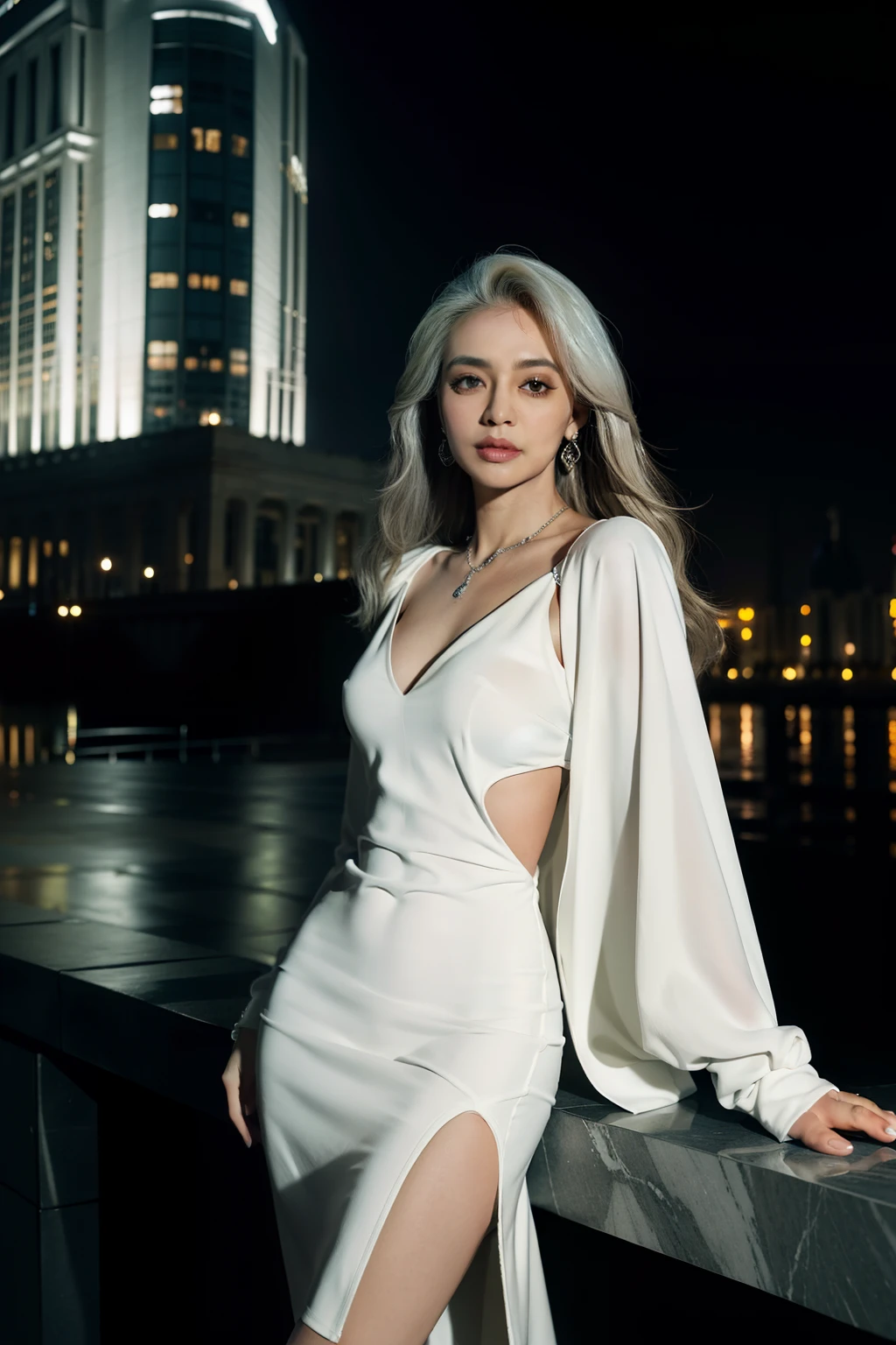 with white skin portrait in Chanel style in front of the luxury building by zaha, Hadid at night, high resolution, Realistic, 8k ,como o modelo dos anos 90, vestido branco elegante e decote