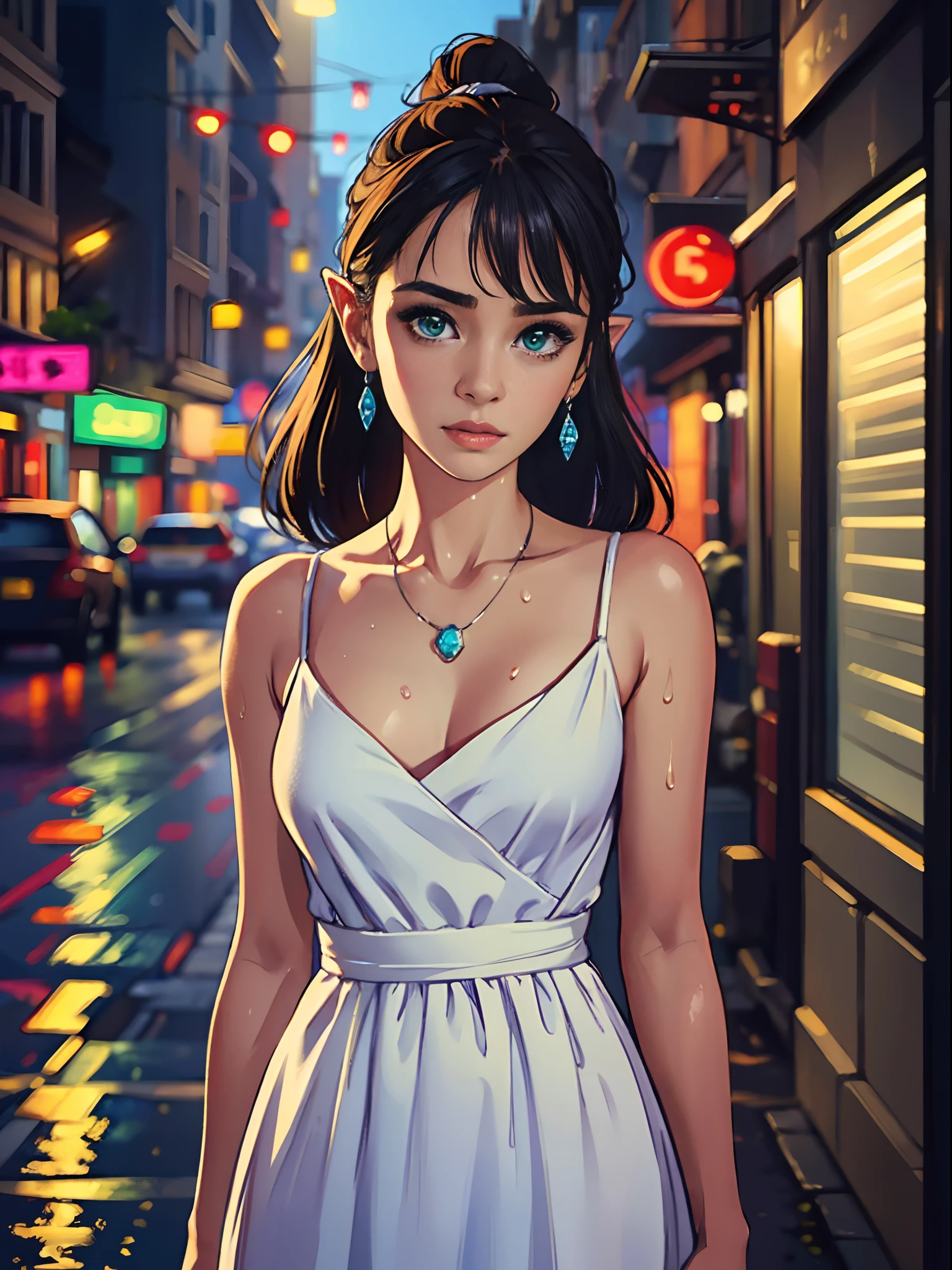 (standing in a dark street),(road light),(low-key lighting),(night),Random posture, (An extremely delicate and beautiful work), (masterpiece), 1girl, a girl in a white dress, highly detailed, waist leaking, ponytail contorted, charming expression, beautiful and clear eyes, green eye pupil, delicate necklace, delicate earrings, fairy ears, simple blurred background, extreme detail description, beautiful, charming, ultra-fine painting, delicate face, delicate figure, Fine collarbones, lovely lips, beautiful breasts, soft behind, mix4,(8k, RAW photo, best quality, masterpiece:1.2), (realistic, photo-realistic:1.37),1girl,cute,cityscape, night, rain, wet, professional lighting, photon mapping, radiosity, physically-based rendering,