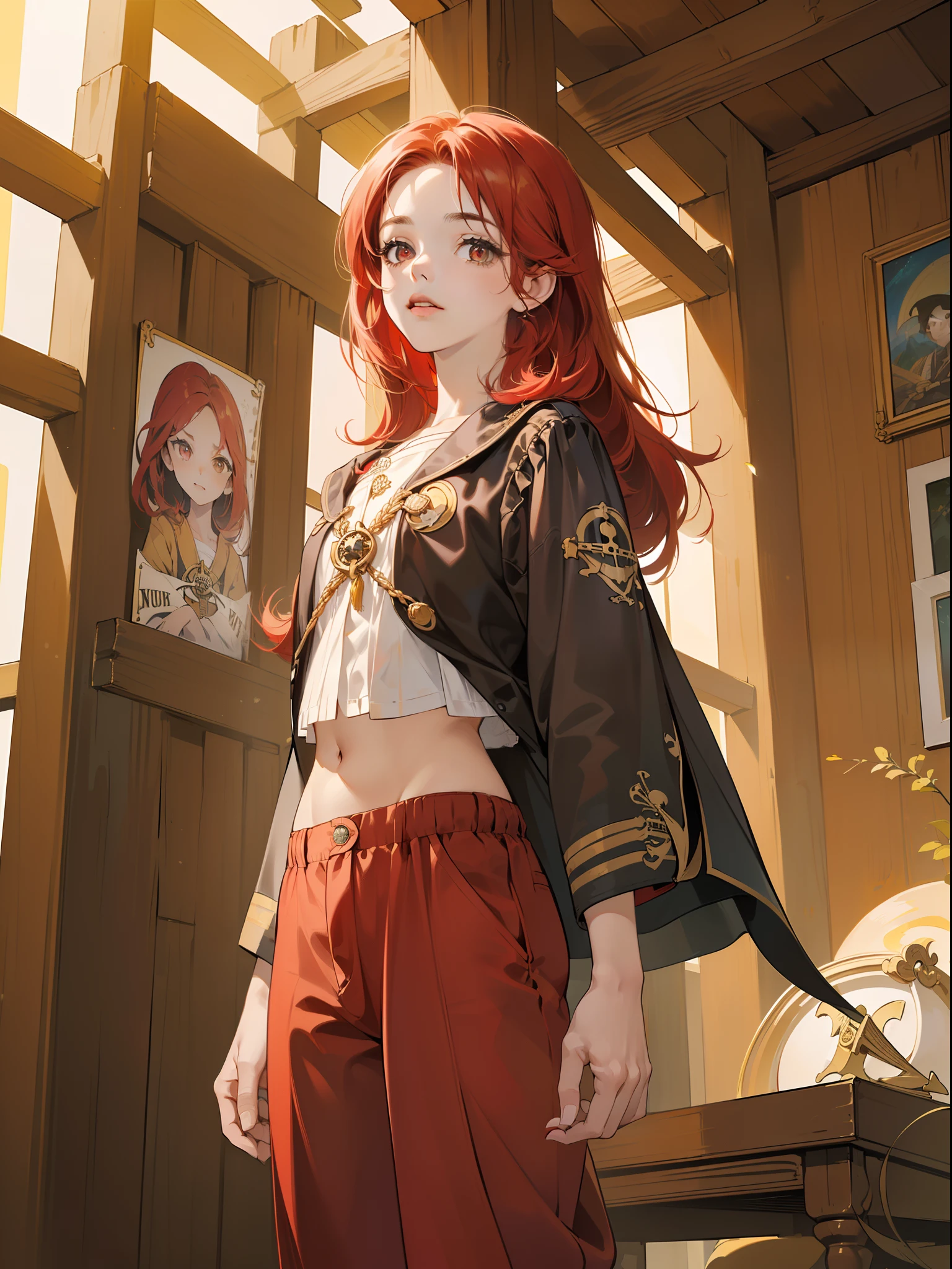 ((obra maestra)),(((mejor calidad))),, illustration, 1 chica, (((color de cabello ROJO))) (((CABELLO LARGO))), (((cabello ondulado))), (((ojos dorados))), (((ROPA PIRATA O DE COMERCIANTE RARO))) (((pantalones))) (((BLUSA DE POETA))) (((ambiente antiguo))) (((RETRATO)))