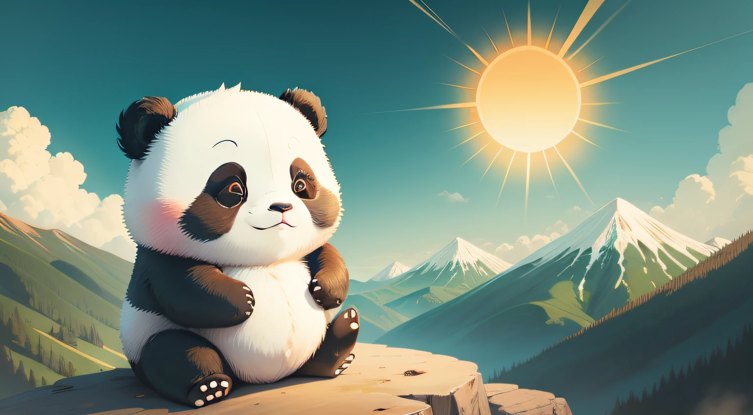 Cute One Panda、Cute sun illustration、Panda looking at the sun、illustratio、on a mountain