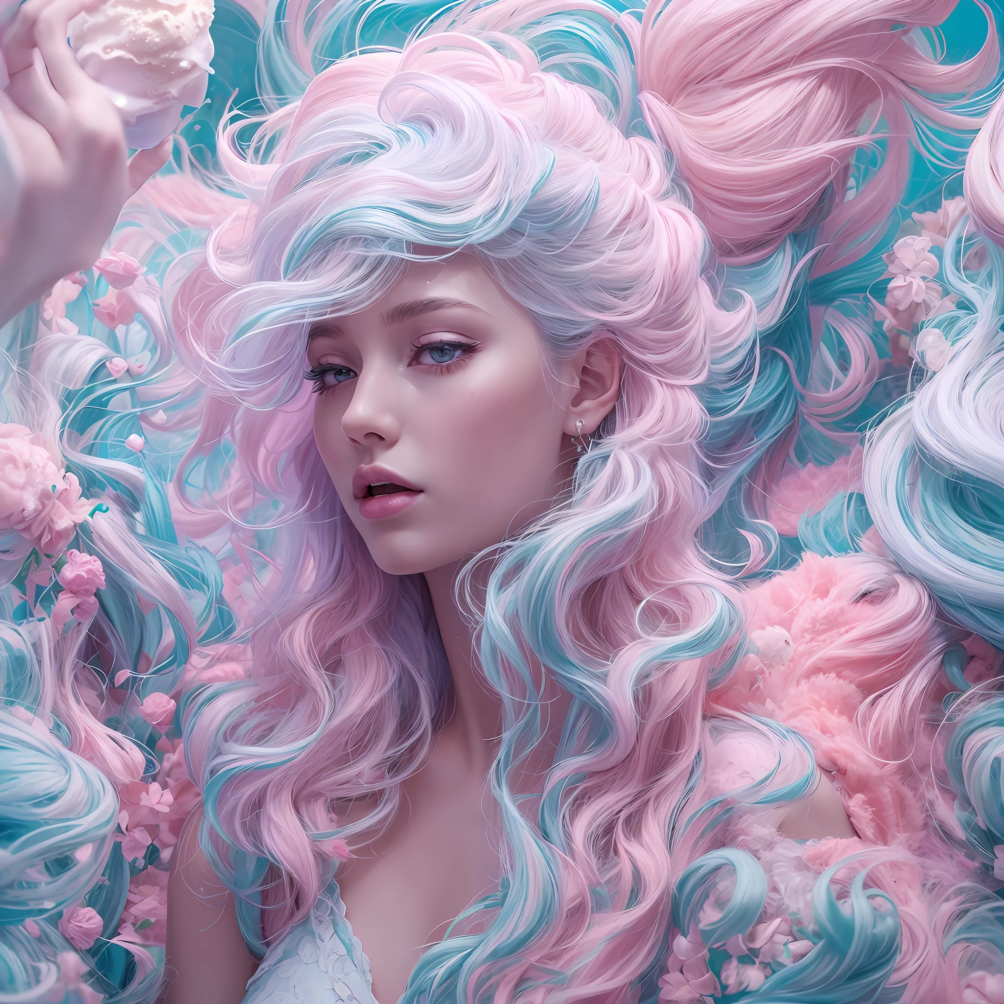 ' Prompt 1
"Photorealistic Images: {Goddess of Ice-Cream, full body, with a beautiful androgynous appearance reminiscent of a humanoid velvet worm Hallucigenia. Her circuitry-pigmented skin is a blend of pastel and muted blues, pinks, and a mix of neon highlights. Her long, white hair flows elegantly, and she is adorned with ice cream-themed attire that adds to her mesmerizing allure.}, James Jean, Annie Leibovitz, Anime, Studio Ghibli, Futuristic Dreamcore Landscape, (Sharp Focus:1.2), Anamorphic Lenses, (Film:1.25), (Polymer:1.1), (Pastel:1.3), (Ternary:1.2), --ar 4:5 --style raw 50 . Environment: A dreamlike landscape with ice cream mountains, neon-lit milkshake lakes, and swirling sherbet clouds." --s 2