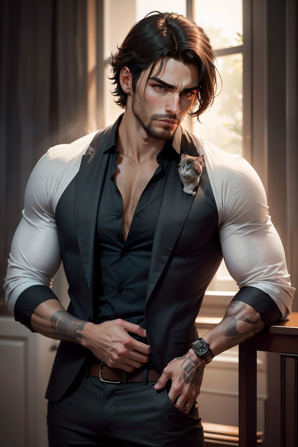 Create a painting that depicts a MAN character with striking features. Comece representando sua pele branca, enhancing your appearance. Em seguida, Pay special attention to messy black hair, creating a unique and expressive texture. O personagem veste um terno preto sem gravata, conveying an air of casual elegance. Certifique-se de representar a camisa branca que ele usa por baixo do terno, e ao seu lado. And a pet cat with a reddish fur on its right shoulder