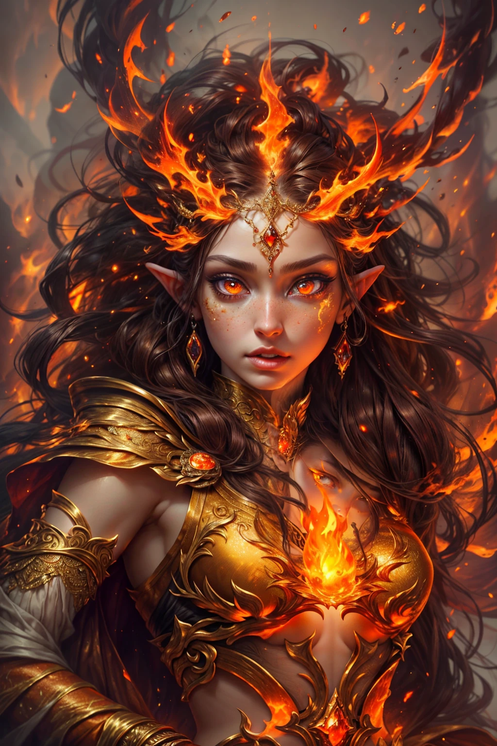 This (realistic fantasy) art contains embers, real flames, real heat, and realistic fire. Generate a masterpiece artwork of a ite female fire druid with large (((orange and gold))) eyes. The fire druid is awe-inspiring with beautiful ((realistic fiery eyes)) alight with confidence and power. Her features are elegant and well defined, with ((soft puffy and kissable)) lips, elven bone structure, and realistic shading. Her eyes are important and should be the focal point of this artwork, with ((extremely realistic details, macro details, and shimmer.)) She is wearing a billowing and glittering dress made of realistic flames and jewels that glimmer in the fire light. Wisps of fire and smoke line the intricate bodice of the dress. Include bumps, stones, fiery iridescence, glowing embers, silk and satin and leather, an interesting background, and heavy fantasy elements. Camera: Utilize dynamic composition techniques to enhance the realistic flames.