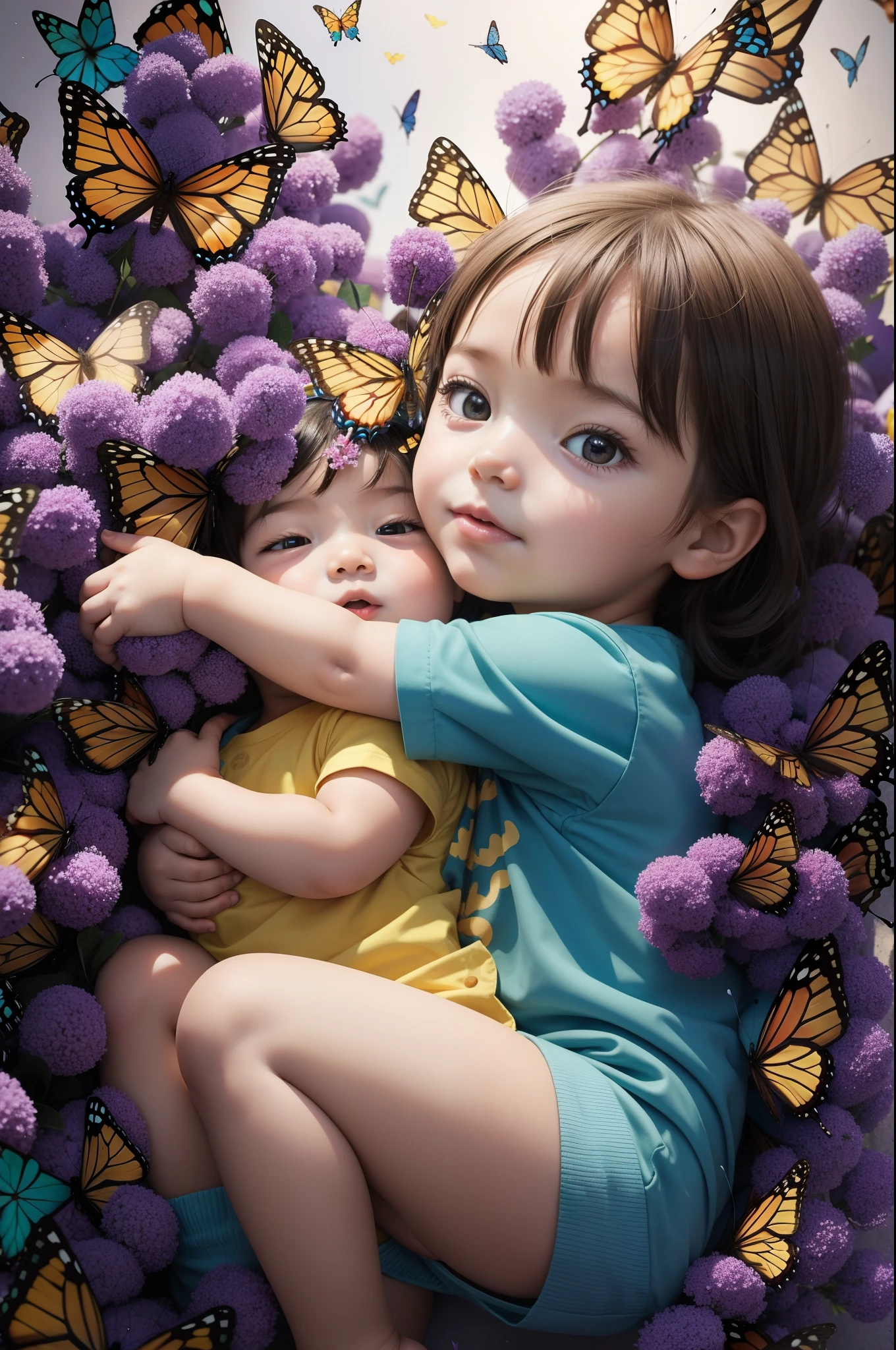 Toddler embraced by a radiant swarm of colorful butterflies.