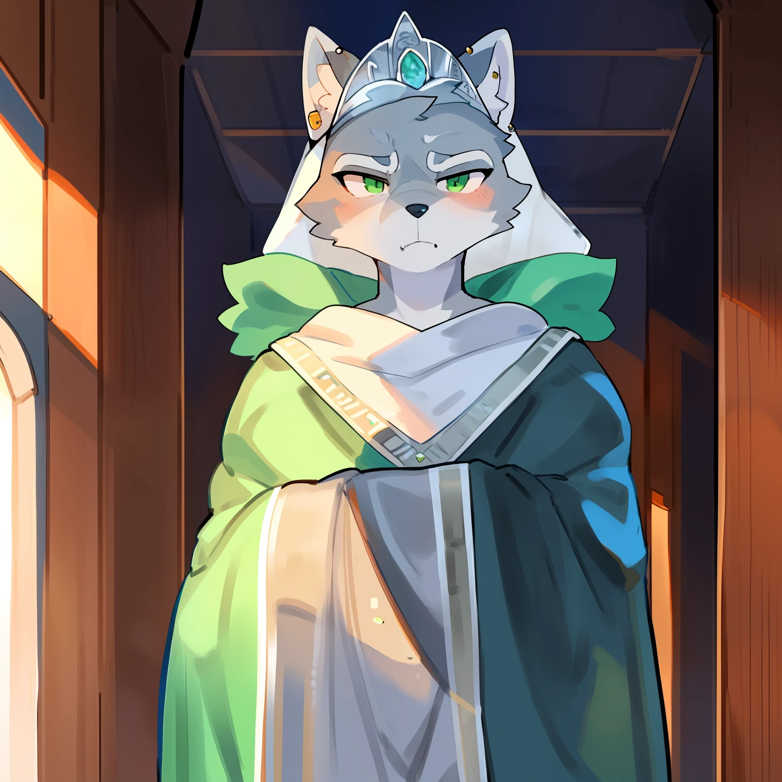 Solo, standing, female, grey fox, silver fur, green hair, green eyes, frowning, unamused, annoyed, looking down at viewer, by buta99, by bigcozyorca, by goonie-san, silver gown, silver jewelry, ((snout)), silver palace, green shoulder cape, silver body piercings, (((silver tiara))),
