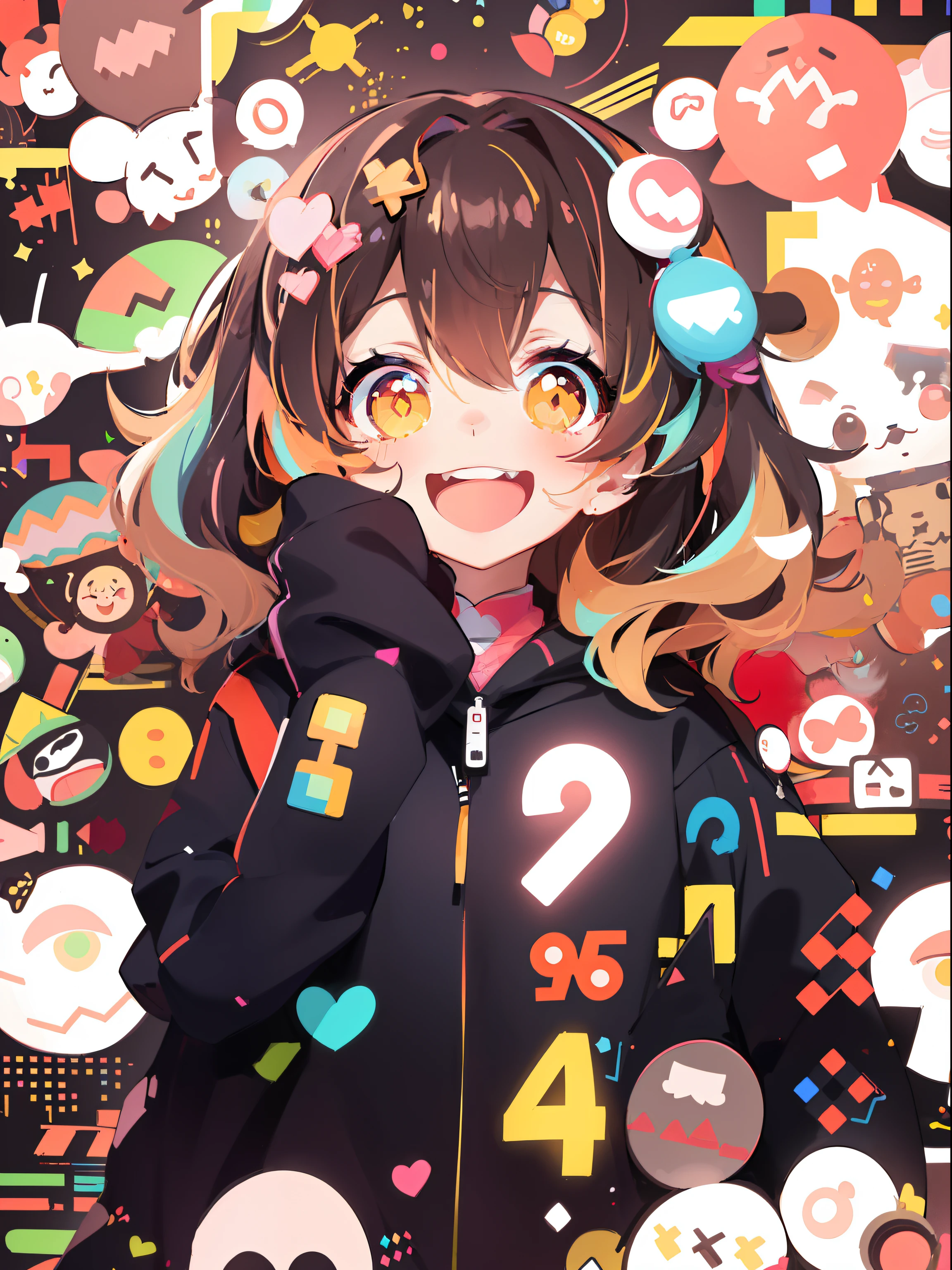 (Anime girls wear red and black hoodies, white, Pink, yellow, Blue confetti on hood, In the style of cute cartoon-like design, Electrical color scheme, Dark white and dark bronze, Vivid color scheme, Happy Expressionism, 20mp, Dynocore), (Anime panda girl in hoodie on camera, In the style of colorful mosaics, nightcore, Hard Edge Painting, Pattern Expansion, flickr, Cute and colorful, close-up), (While a small confetti is pouring out、Girl showing index and middle fingers, In a cute art style, Philip Pantone, nightcore, shilin huang, Vivid color scheme, Dark white and dark bronze, Hi-Vision Ministry of Defense), (Girl in panda bear hoodie makes face, In the style of a colorful palette, nightcore, shilin huang, zigzag, uhd image, Aztec art, shiny)