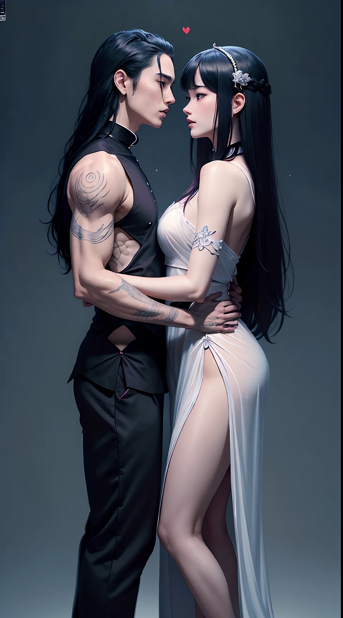 demon who falls in love with a human the demon with neck tattoo black hair fair skin beautiful a human with fair skin, beautiful long hair, looking at each other couple love asian drawing ager couple demonio boy lover human girl lover sky Casal anime em vestido vermelho e preto se abraçando, por Yang J, flowing hair and long robes, por Ye Xin, por Li Song, por Ni Tian, Guweiz, Directed by: Chen Lin, Arte no estilo de Guweiz, Directed by: Zhou Fang, Directed by: Leng Mei, xianxia fantasia, wuxia, Directed by: Liang Kai