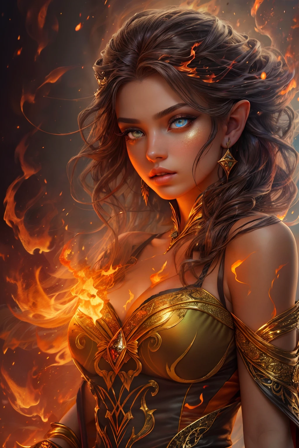 This (realistic fantasy) art contains embers, real flames, real heat, and realistic fire. Generate a masterpiece artwork of a petite female fire druid with large (((orange and gold))) eyes. The fire druid is awe-inspiring with beautiful ((realistic fiery eyes)) alight with confidence and power. Her features are elegant and well defined, with ((soft puffy and kissable)) lips, elven bone structure, and realistic shading. Her eyes are important and should be the focal point of this artwork, with ((extremely realistic details, macro details, and shimmer.)) She is wearing a billowing and glittering dress made of realistic flames and jewels that glimmer in the fire light. Wisps of fire and smoke line the intricate bodice of the dress. Include bumps, stones, fiery iridescence, glowing embers, silk and satin and leather, an interesting background, and heavy fantasy elements. Camera: Utilize dynamic composition techniques to enhance the realistic flames.