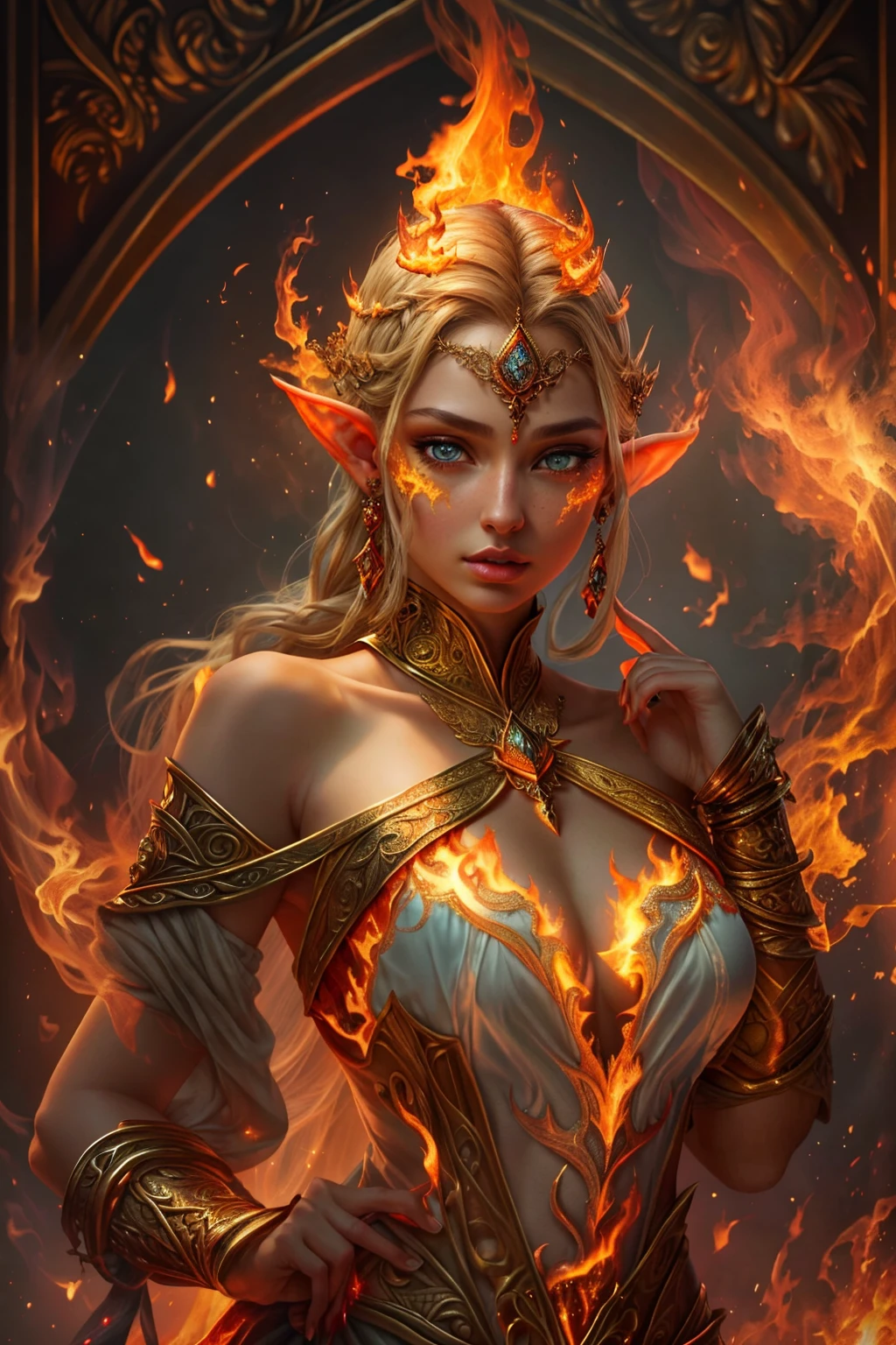 This (realistic fantasy) art contains embers, real flames, real heat, and realistic fire. Generate a masterpiece artwork of a petite female fire druid with large (((orange and gold))) eyes. The fire druid is awe-inspiring with beautiful ((realistic fiery eyes)) alight with confidence and power. Her features are elegant and well defined, with ((soft puffy and kissable)) lips, elven bone structure, and realistic shading. Her eyes are important and should be the focal point of this artwork, with ((extremely realistic details, macro details, and shimmer.)) She is wearing a billowing and glittering dress made of realistic flames and jewels that glimmer in the fire light. Wisps of fire and smoke line the intricate bodice of the dress. Include bumps, stones, fiery iridescence, glowing embers, silk and satin and leather, an interesting background, and heavy fantasy elements. Camera: Utilize dynamic composition techniques to enhance the realistic flames.