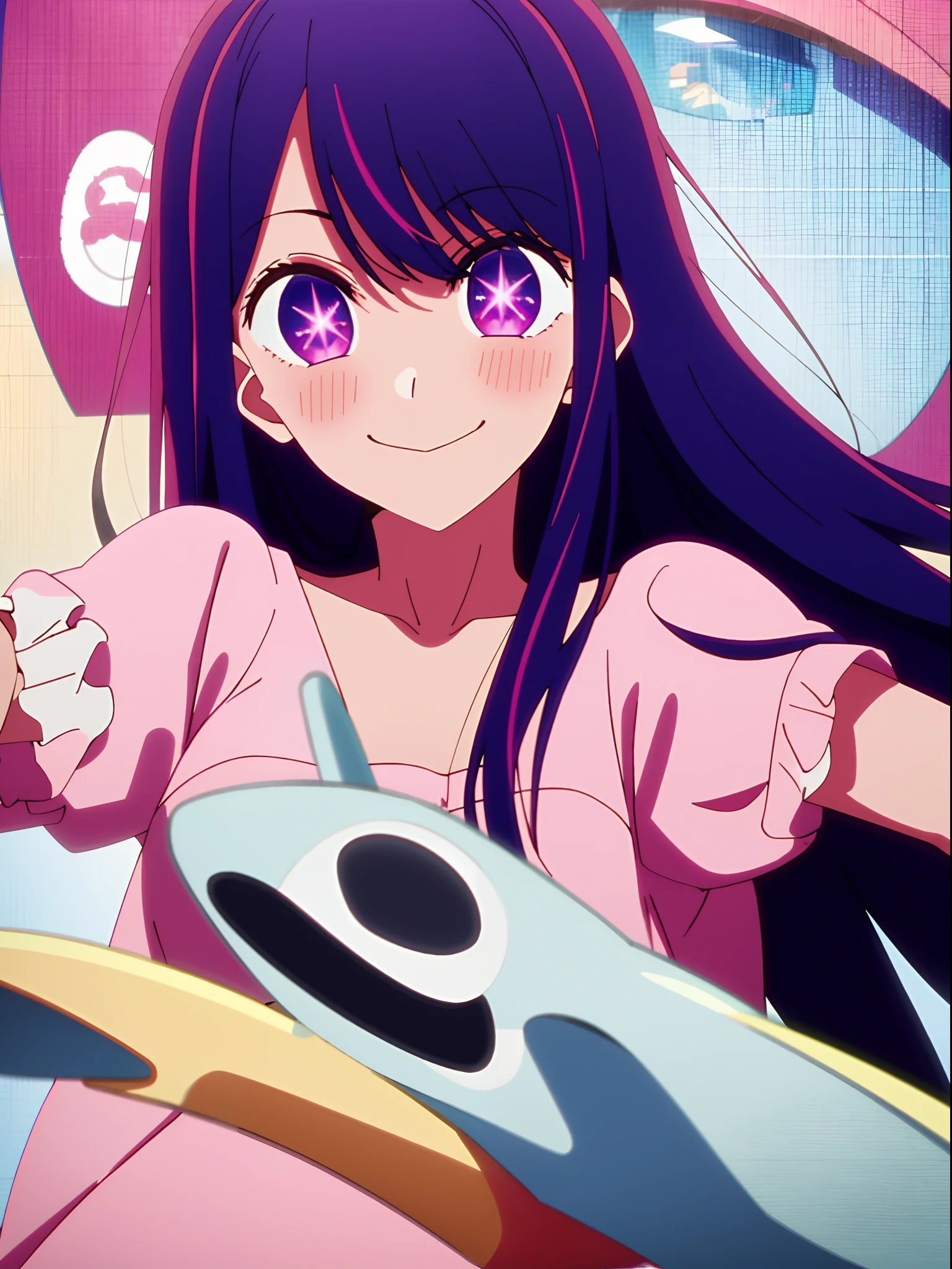 masterpiece、ighly detailed、hightquality、purple color hair、Pink costume、a closeup、Ai Hoshino、anime styled、独奏、A smile