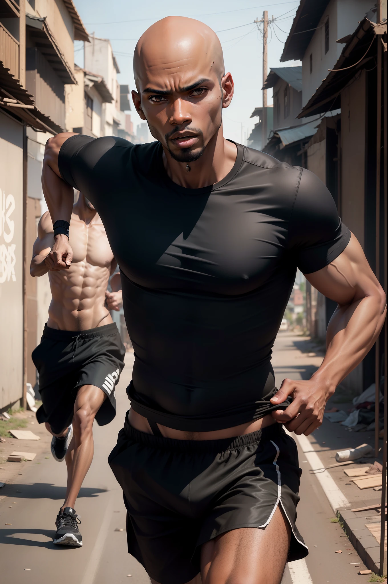 realistic 8k image of a 25-year-old man, black skin, thin body, bald, dressed in a black T-shirt, black shorts, running in a slum, desperate expression