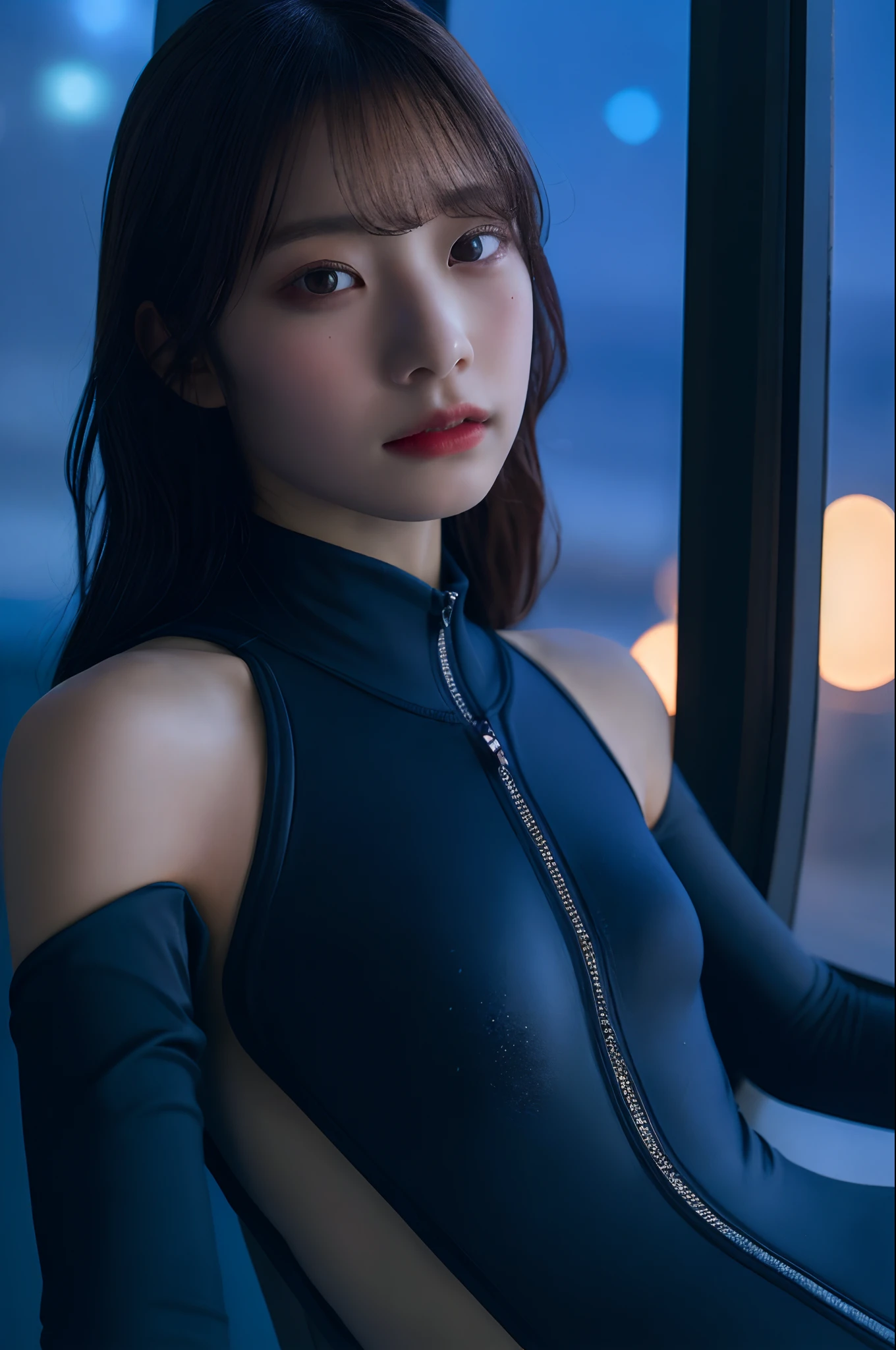 1girl in, window, idol, doress, proximity, faces, Rim Lights, tonight, The upper part of the body, ,, wet suit, lying on one's side,An ultra-high picture quality、8k、16k、RAW image quality,shiny skin,detailed skin