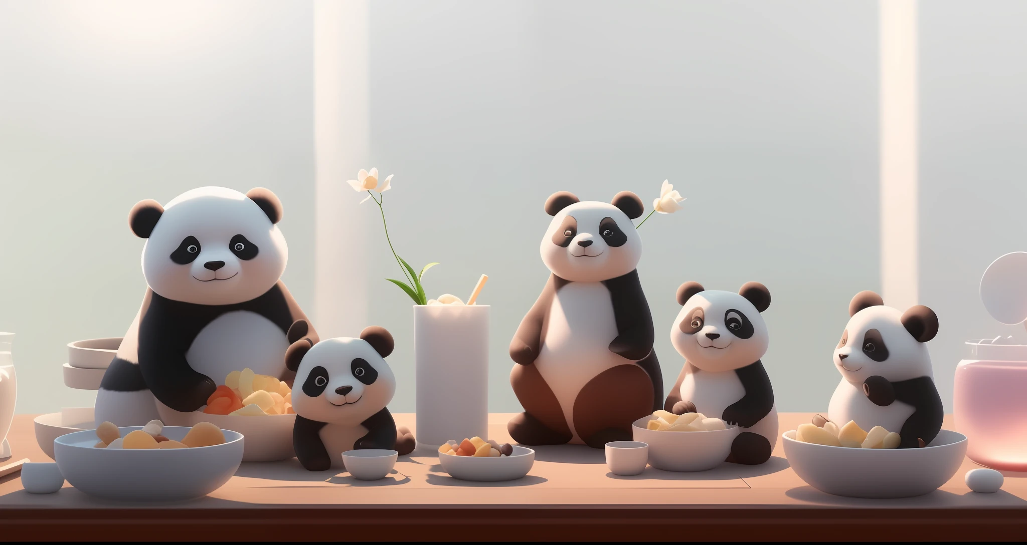 There are many panda bears sitting at a table with bowls of food, bonito 3 d render, painting digital adorable, renderizado em corona, Directed by: Fei Danxu, animation movie still, Directed by: Yu Zhiding, filme animado filmado, Panda Panda Panda, inspirado em Feng Zhu, arte digital bonito, dreamworks animation style, animated film, panda bonito, Feng Zhu |