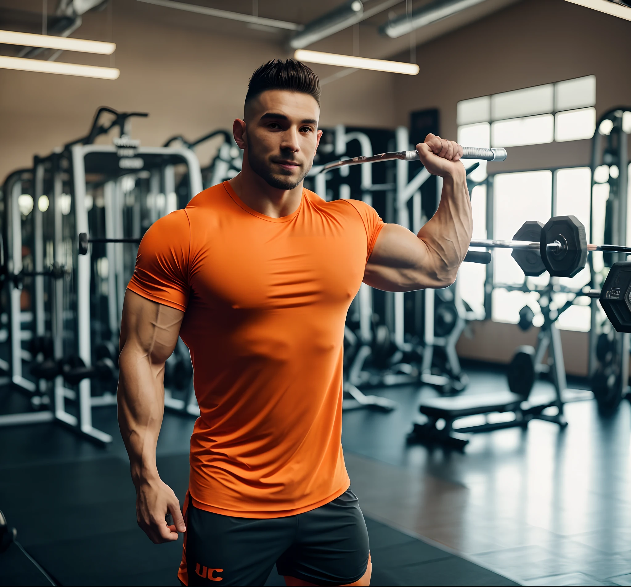 um bonito, Athletic guy is in a bodybuilding gym. He's wearing an orange T-shirt. Pouca luz ao fundo. sharp photo. 8k. Pele bem evidente. Foto realista. Anilhas