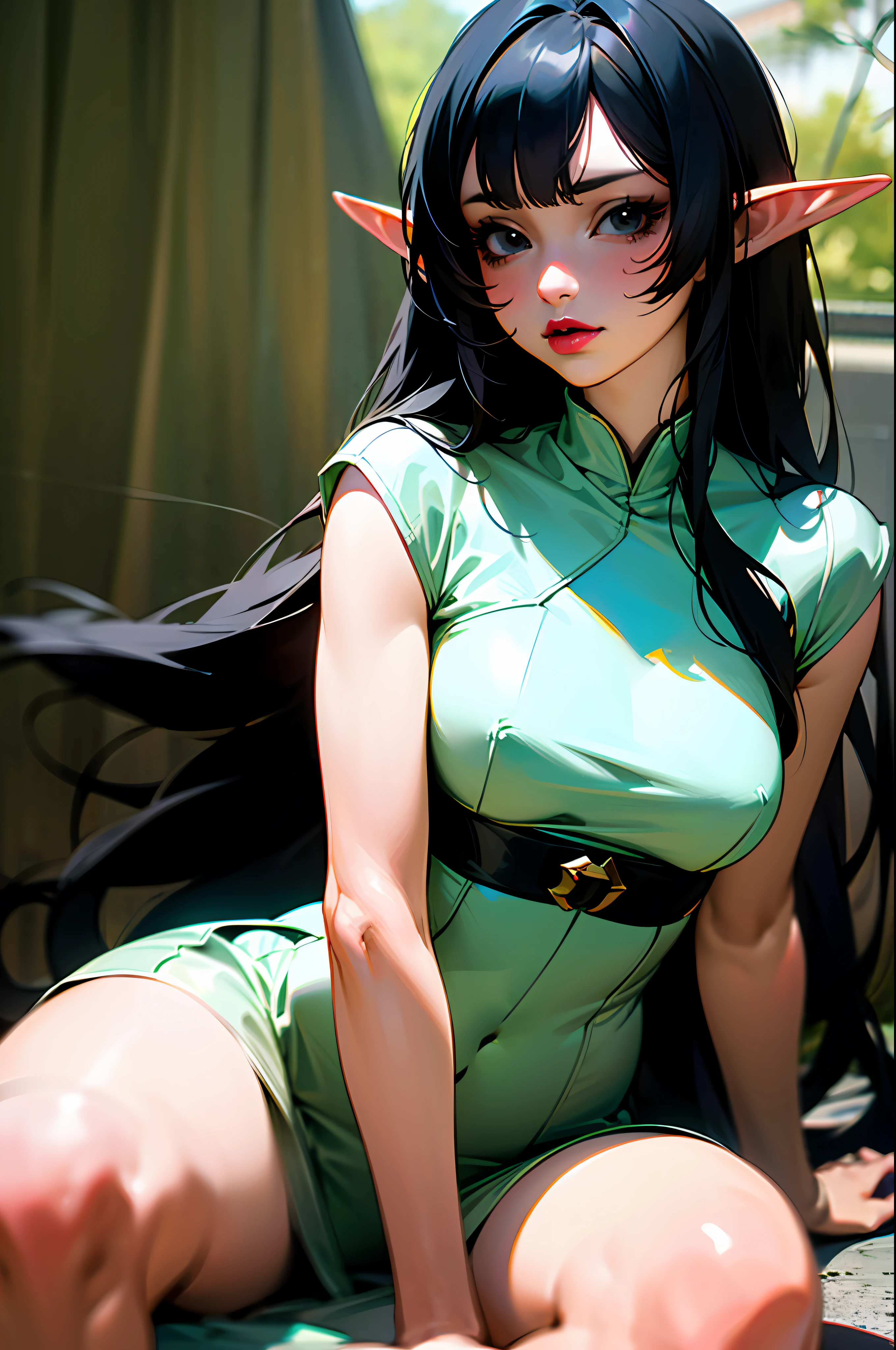 anime girl with long black hair and a pink lip, elf girl, long pointy ears, black eyes, straight bangs, white dress, realistic anime girl, seductive anime girl, anime realism style, sitting on road,