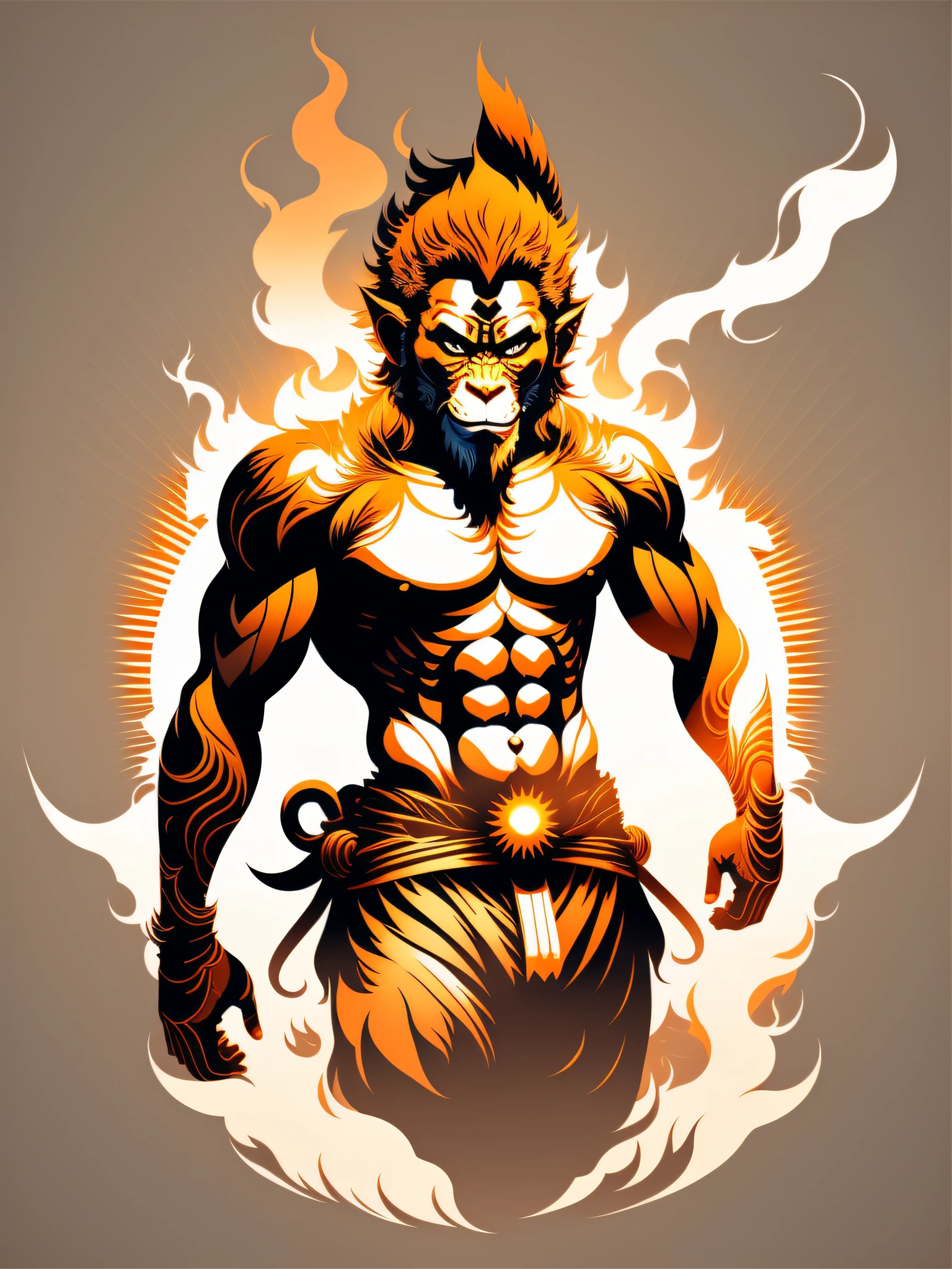 Sun Wukong, photorealistic style. ready-to-print vector t-shirt, white background, fire around the image, centered photo, full body