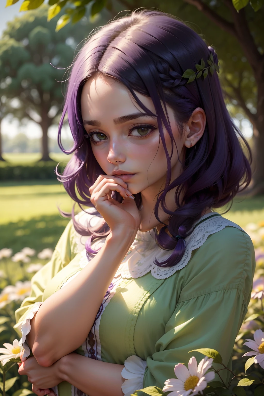 (master part, melhor qualidade),1homem com cabelo roxo longo sentado em um campo de plantas e flores alaranjadas, her hand under her chin, warm lighting, vestido branco, blurry foreground