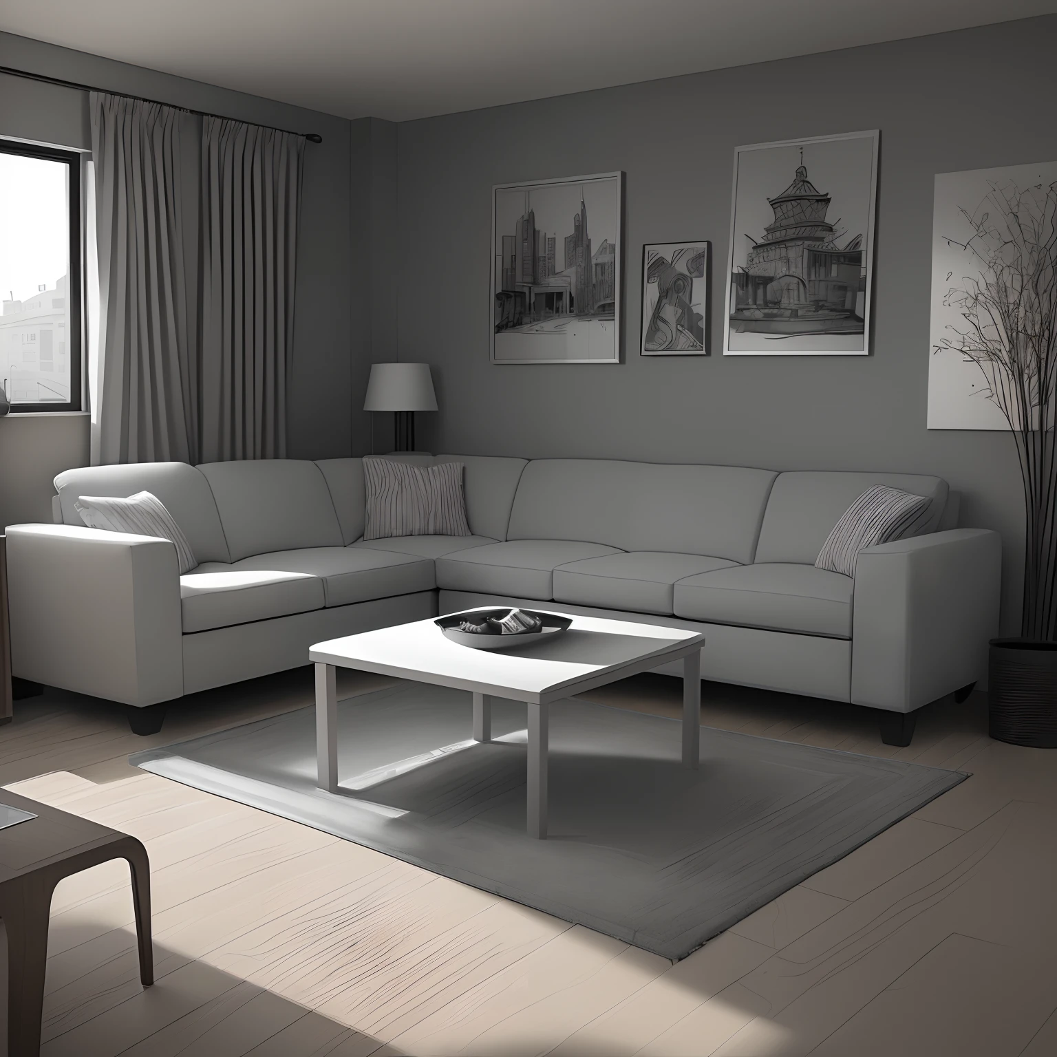 ​masterpiece、top-quality、High-quality images、8K、　　((unmanned、Background with、Accurate perspective、line-drawing、Contour extraction、Monochrome grayscale、Moderate shading、Medium omission、Comic style、)):1.4　((Small living room、The table、Not too many sofas、cupboard、cupboard、unmanned))1.5