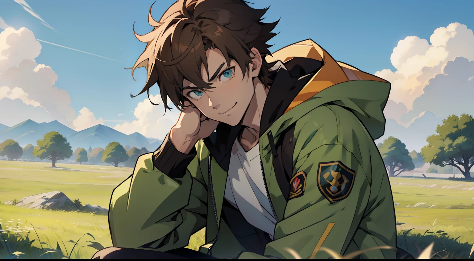Brown hair!!, Anime boy with green eyes and headphones!!, tall anime man with blue eyes, young anime man, Hajime Yatate, Anime Boy, anime handsome guy, A smile, male anime characters, Male anime style, anime moe art style, As an anime character, makoto kano, anime style character, Anime portrait of a handsome man, Camouflage jacket, white  shirt, blue-sky, Top image quality!!, high quality background!!, Portrait!!,in 8K!!, grass field, Beautiful Landscapes, One Person!!, sitting on,Looking down screen