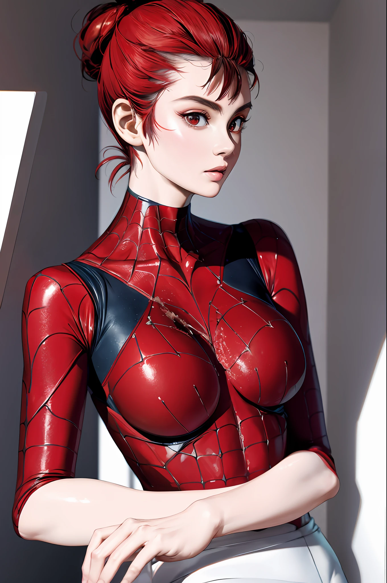 best quality,game cg,1girl, masterpiece, best quality, 8k, detailed skin texture, detailed cloth texture, beautiful detailed face, intricate details, ultra detailed, audrey hepburn, Spider-Man uniform, straight red hair, (Half body:1.2)