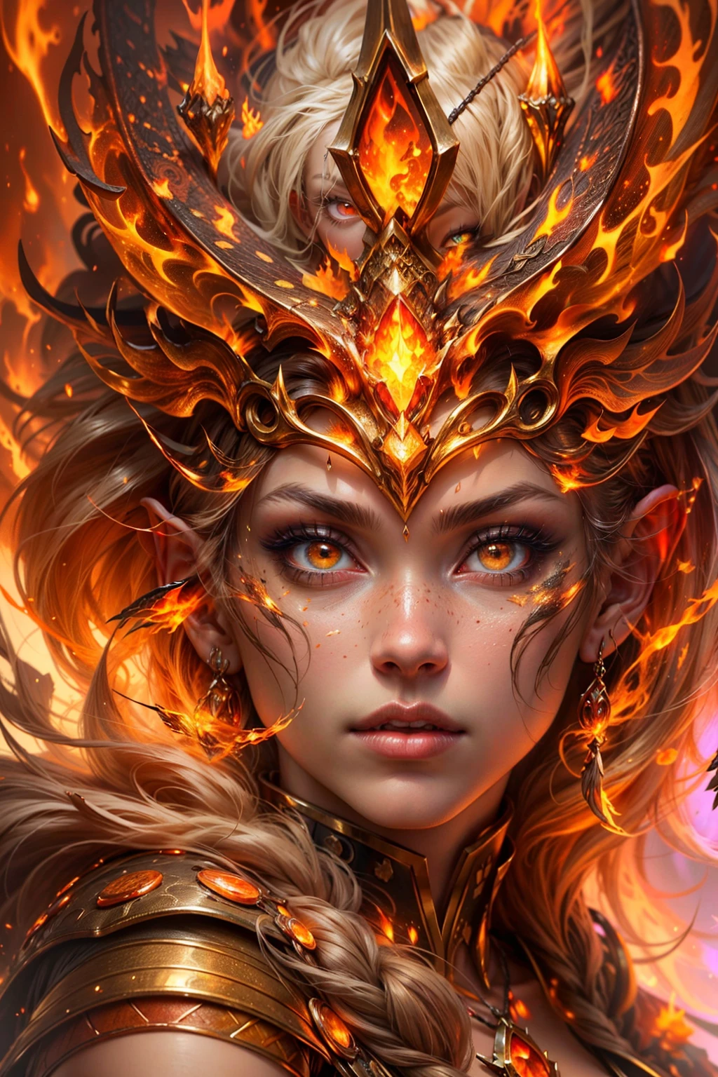 This (realistic fantasy) art contains embers, real flames, real heat, and realistic fire. Generate a masterpiece artwork of a petite female fire druid with large (((orange and gold))) eyes. The fire druid is awe-inspiring with beautiful ((realistic fiery eyes)) alight with confidence and power. Her features are elegant and well defined, with ((soft puffy and kissable)) lips, elven bone structure, and realistic shading. Her eyes are important and should be the focal point of this artwork, with ((extremely realistic details, macro details, and shimmer.)) She is wearing a billowing and glittering dress made of realistic flames and jewels that glimmer in the fire light. Wisps of fire and smoke line the intricate bodice of the dress. Include bumps, stones, fiery iridescence, glowing embers, silk and satin and leather, an interesting background, and heavy fantasy elements. Camera: Utilize dynamic composition techniques to enhance the realistic flames.