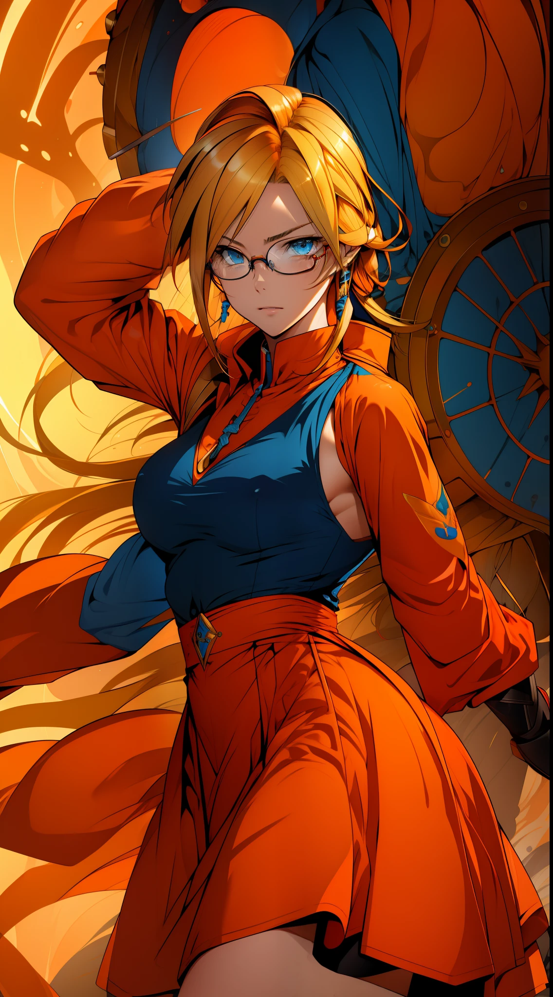 Female (((Quistis Trepe))), (blonde hair + blue eyes + ((orange dress)) + (golden round glasses))