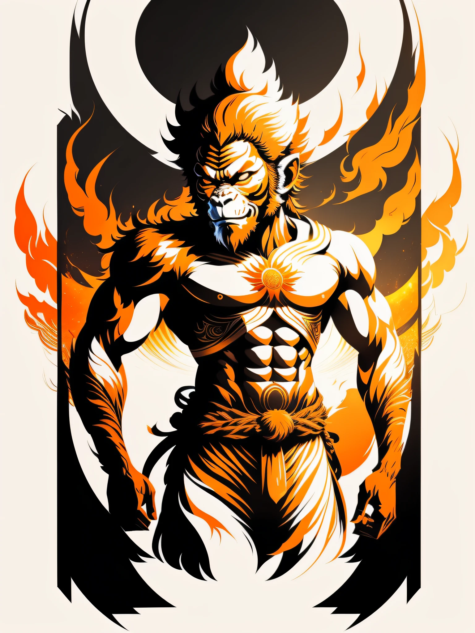 Sun Wukong, photorealistic style. ready-to-print vector t-shirt, white background, fire around the image, centered photo, full body
