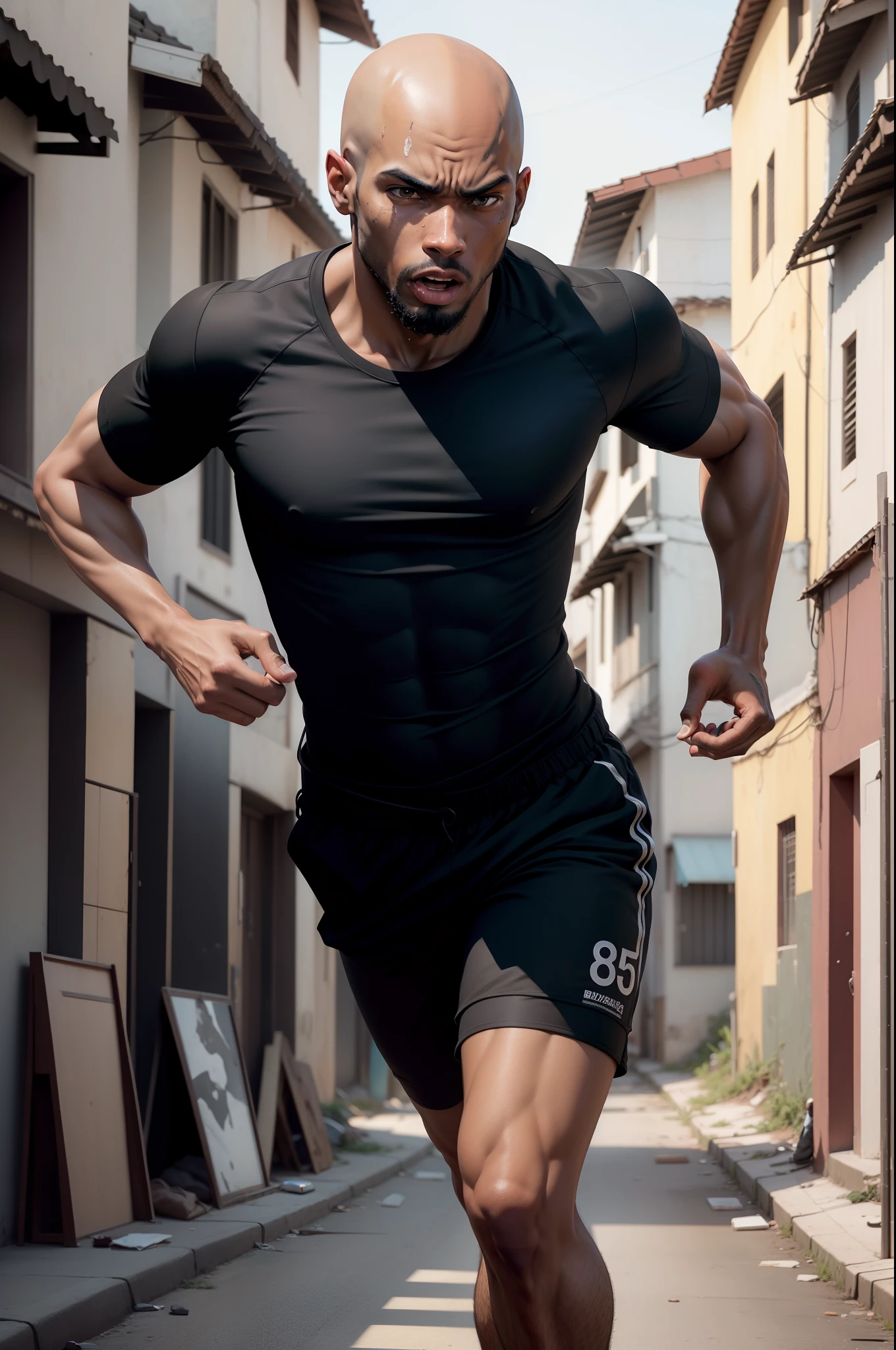 realistic 8k image of a 25-year-old man, black skin, thin body, bald, dressed in a black T-shirt, black shorts, running in a favela, desperate expression, bullets flying by his side