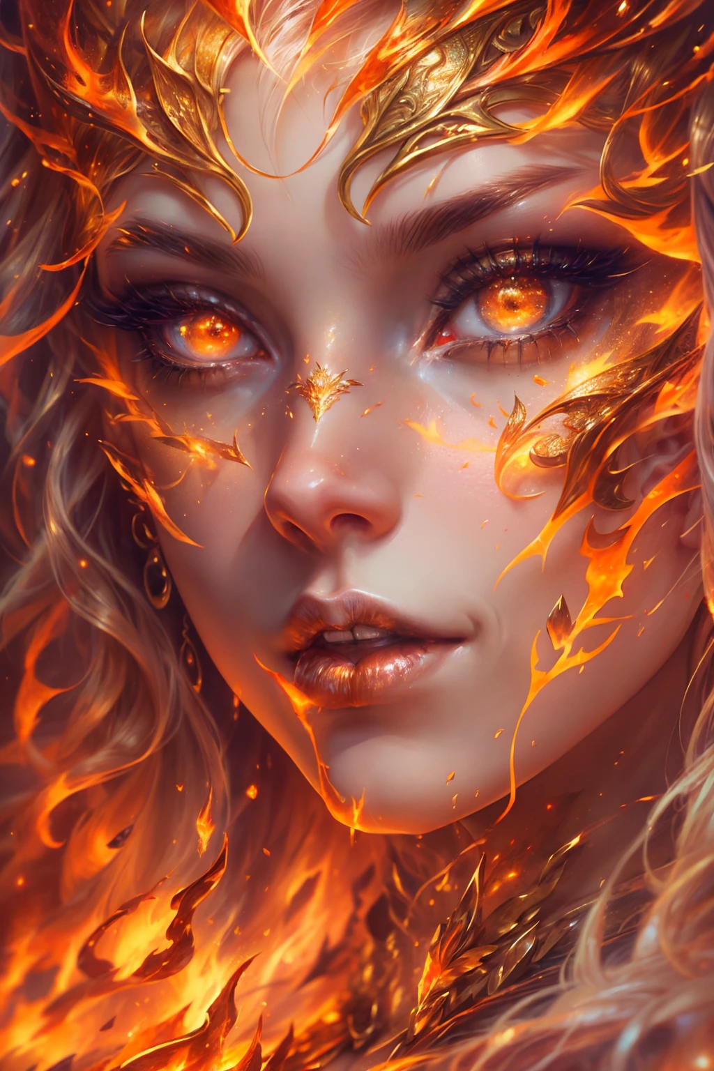This (realistic fantasy) art contains embers, real flames, real heat, and realistic fire. Generate a masterpiece artwork of a petite female fire druid with large (((orange and gold))) eyes. The fire druid is awe-inspiring with beautiful ((realistic fiery eyes)) alight with confidence and power. Her features are elegant and well defined, with ((soft and puffy lips)), elven bone structure, and realistic shading. Her eyes are important and should be the focal point of this artwork, with ((extremely realistic details, macro details, and shimmer.)) She is wearing a billowing and glittering dress made of realistic flames and jewels that glimmer in the fire light. Wisps of fire and smoke line the intricate bodice of the dress. Include bumps, stones, fiery iridescence, glowing embers, silk and satin and leather, an interesting background, and heavy fantasy elements. Camera: Utilize dynamic composition techniques to enhance the realistic flames.