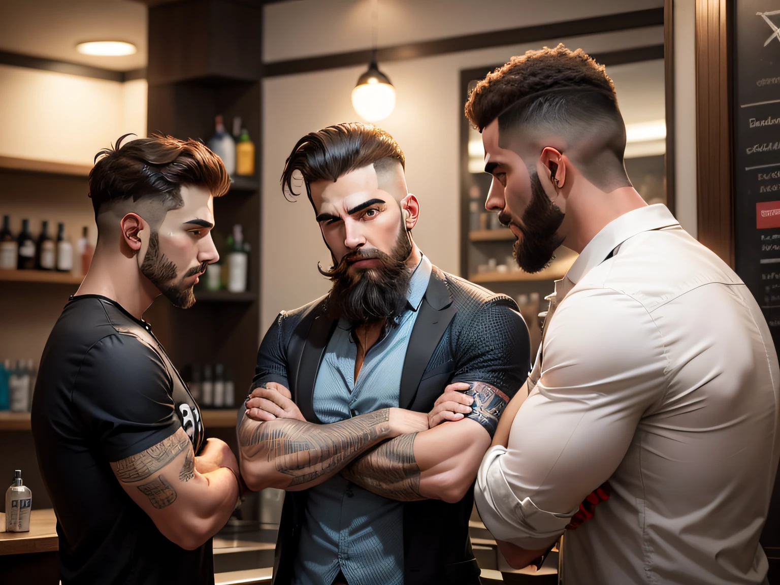 Um grupo de homens conversando dentro de uma barbearia
