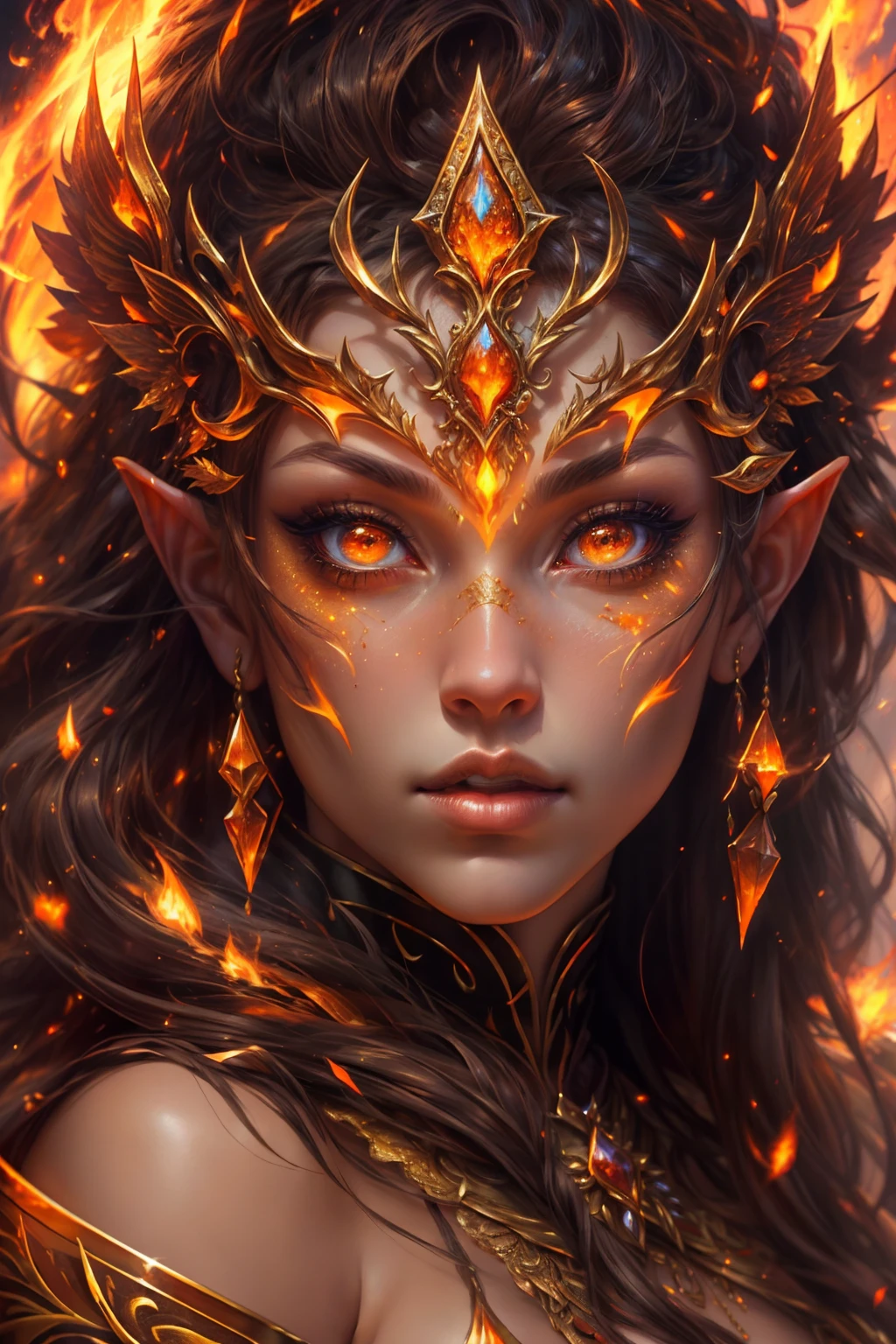 This (realistic fantasy) art contains embers, real flames, real heat, and realistic fire. Generate a masterpiece artwork of a ite female fire druid with large (((orange and gold))) eyes. The fire druid is awe-inspiring with beautiful ((realistic fiery eyes)) alight with confidence and power. Her features are elegant and well defined, with ((soft and puffy lips)), elven bone structure, and realistic shading. Her eyes are important and should be the focal point of this artwork, with ((extremely realistic details, macro details, and shimmer.)) She is wearing a billowing and glittering dress made of realistic flames and jewels that glimmer in the fire light. Wisps of fire and smoke line the intricate bodice of the dress. Include bumps, stones, fiery iridescence, glowing embers, silk and satin and leather, an interesting background, and heavy fantasy elements. Camera: Utilize dynamic composition techniques to enhance the realistic flames.