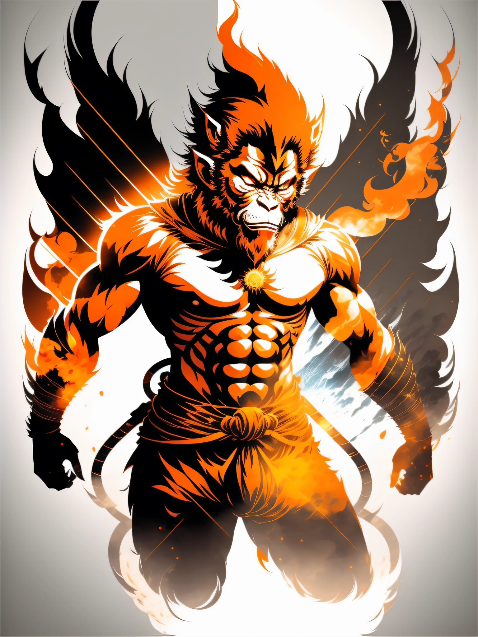 Sun Wukong, photorealistic style. ready-to-print vector t-shirt, white background, fire around the image, centered photo, full body