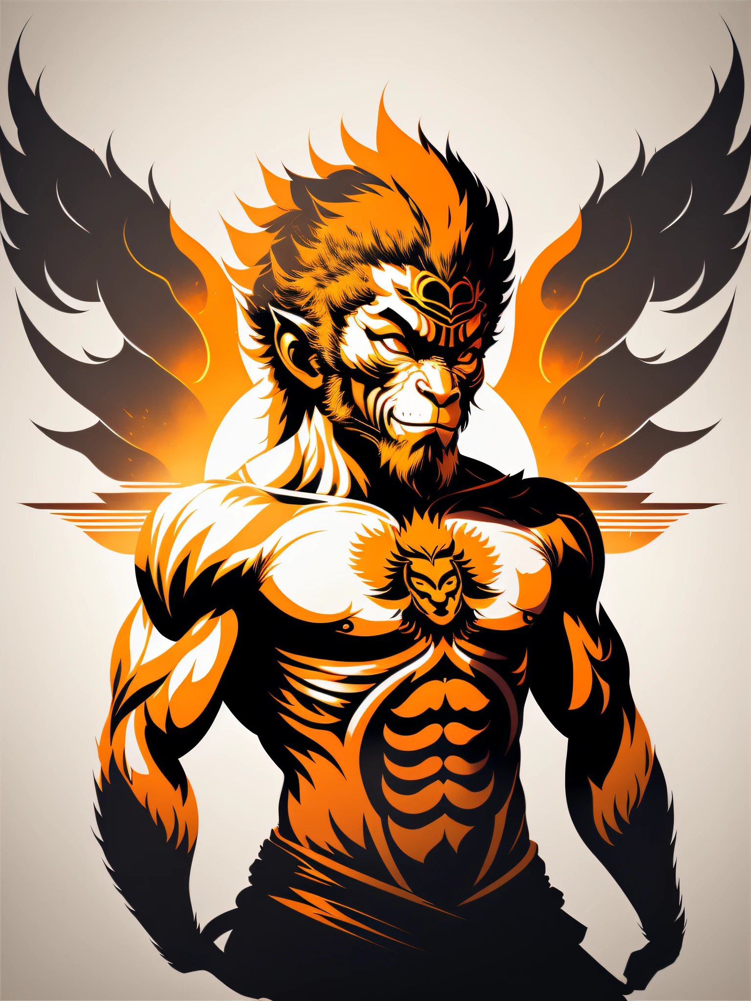 Sun Wukong, photorealistic style. ready-to-print vector t-shirt, white background, fire around the image, centered photo, full body