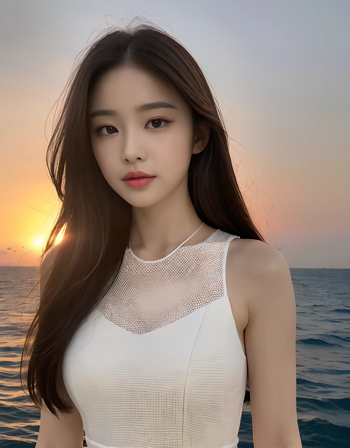 (Daytime, Excellent, 8K, Masterpiece:1.3)), Full body, Long legs, Focal length: 1.2, Perfect Body Beauty: 1.4, Slim Abs: 1.1, ((Dark Brown Hair, Big Breasts: 1.2 )), (White Dress, Standing: 1.2), ((Sea, Sunset: 1.3)), Highly detailed facial and skin texture, Detailed eyes, Double eyelids, Flying long hair