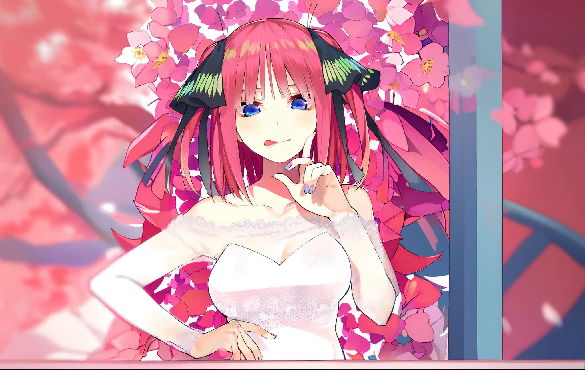 Chica de anime con cabello rosa y alas de mariposa en un vestido blanco, Pelo rosa de cola doble y ojos cian, Lolish, holo, with index finger, Sakura Kinomoto, loli, Estilo Pixiv, Pixiv, Anime Moe Artstyle, Retrato estilo anime, Chica de anime llamada Lucy, (Chica anime), waifu, Madoka Kaname