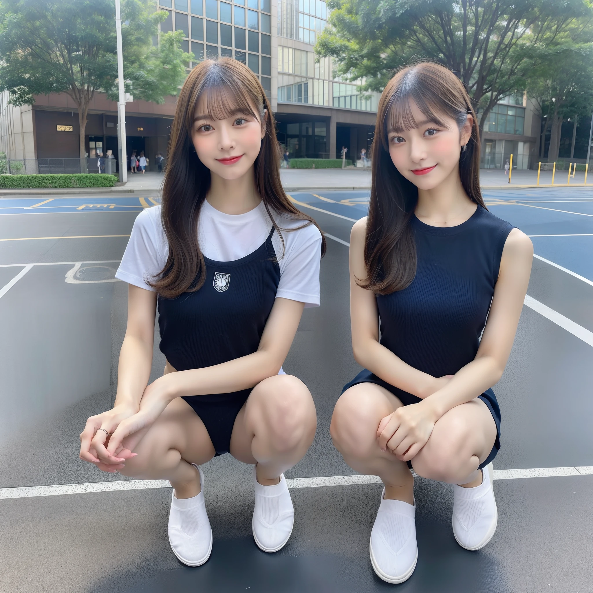 Young woman in dark blue leotard and brown pantyhose、Move the center of gravity back、Put your hands forward from your feet、Put your feet in a ring of hands、pretty embarrassing、Thin leg、White gym clothes and dark blue bloomers、Brown pantyhose and dark blue ankle socks、90 degree knees、heels on the ground、hands in front of feet、hug your feet、Knelt、Walkway、Raw photography、8K、top-quality、 超A high resolution、Beautiful face in every detail、Realistic human skin、Gentle expression、front-facing view、angle from bellow、length hair、realisitic、Photorealsitic、cute little、Squatting deep in the city、A cute Japanese woman、Japan schoolgirl wearing gym clothes、Surreal office ready、full body Esbian、field day、