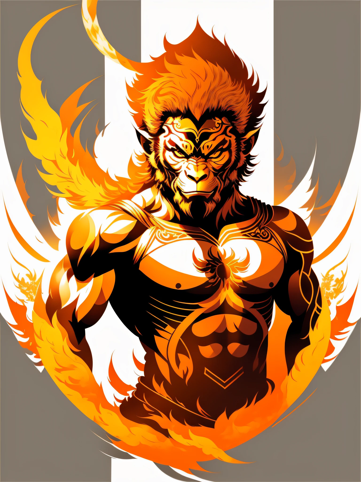 Sun Wukong, photorealistic style. ready-to-print vector t-shirt, white background, fire around the image, centered photo, full body