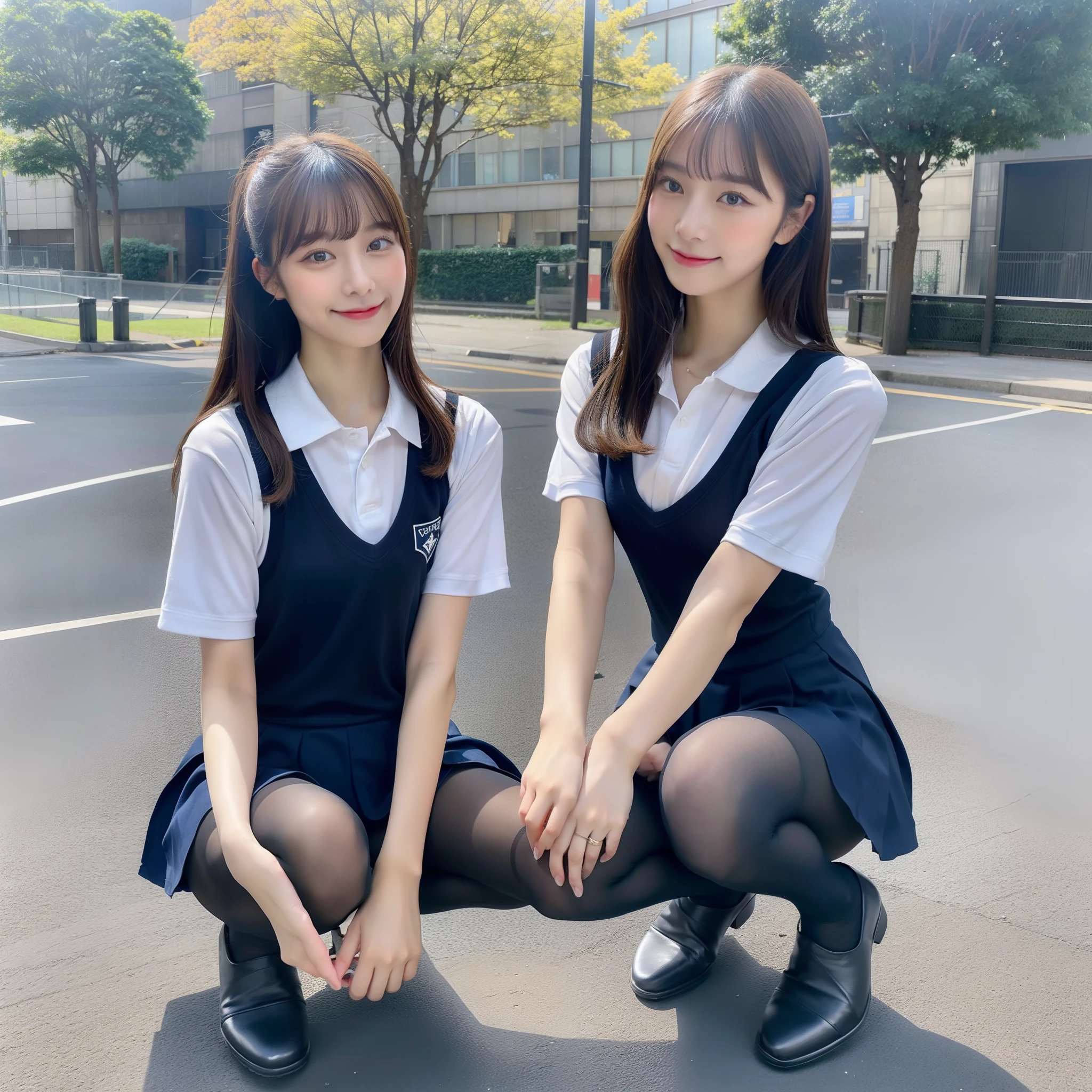 Young woman in dark blue leotard and brown pantyhose、Move the center of gravity back、Put your hands forward from your feet、Put your feet in a ring of hands、pretty embarrassing、Thin leg、White gym clothes and dark blue bloomers、Brown pantyhose and dark blue ankle socks、90 degree knees、heels on the ground、hands in front of feet、hug your feet、Knelt、Walkway、Raw photography、8K、top-quality、 超A high resolution、Beautiful face in every detail、Realistic human skin、Gentle expression、front-facing view、angle from bellow、length hair、realisitic、Photorealsitic、cute little、Squatting deep in the city、A cute Japanese woman、Japan schoolgirl wearing gym clothes、Surreal office ready、full body Esbian、field day、