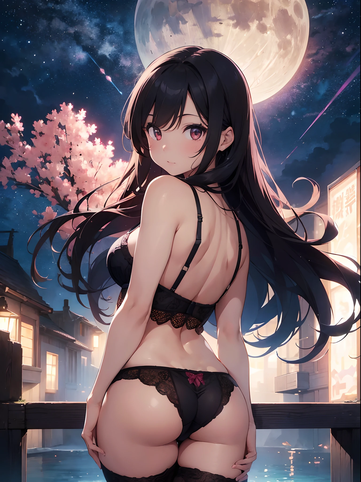 (Female buttocks facing the screen)、Backward perspective、A dark-haired、pink seduction background、A sexy、Busty body、a closeup、Luxury underwear、Erotic Lingerie、top-quality、Red face、Turn around、8K、moonlights、superclear、Full of charm、masterpiece、high detailing、beatiful backgrounds、Detailed drawing、