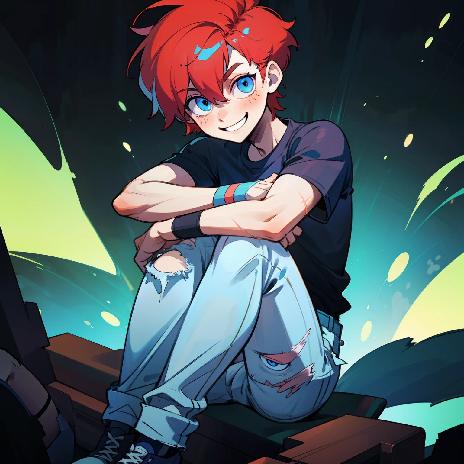 (1 boy), (solo), neon red hair, short hair, pale skin, blue eyes, buff body, black shirt, smile, white bands on hands, scar under the left eye, blue jeans, Ripped jeans on the knees, ((high quality)), ((very detailed))