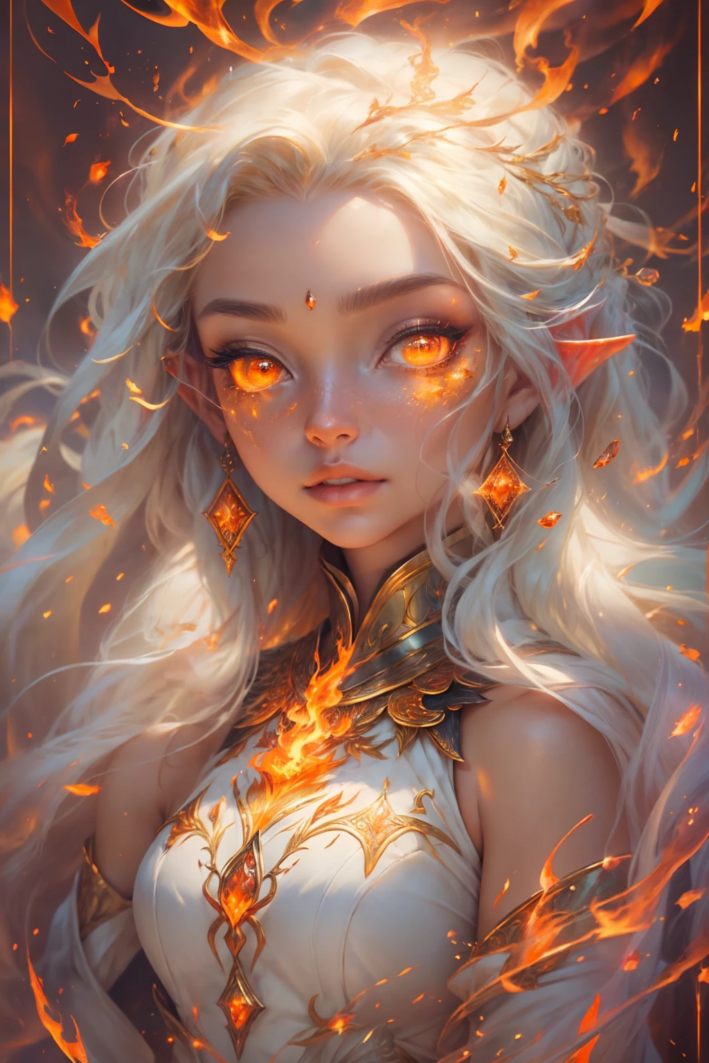 This (realistic fantasy) art contains embers, real flames, real heat, and realistic fire. Generate a masterpiece artwork of a ite female fire druid with large (((orange and gold))) eyes. The fire druid is awe-inspiring with beautiful ((realistic fiery eyes)) alight with confidence and power. Her features are elegant and well defined, with ((soft and puffy lips)), elven bone structure, and realistic shading. Her eyes are important and should be the focal point of this artwork, with ((extremely realistic details, macro details, and shimmer.)) She is wearing a billowing and glittering dress made of realistic flames and jewels that glimmer in the fire light. Wisps of fire and smoke line the intricate bodice of the dress. Include bumps, stones, fiery iridescence, glowing embers, silk and satin and leather, an interesting background, and heavy fantasy elements. Camera: Utilize dynamic composition techniques to enhance the realistic flames.