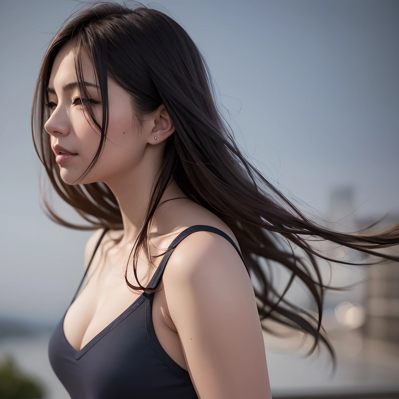 best quality, ultra-detailed, an extremely delicate and beautiful, depth of field, (photorealistic:1.4), 1woman, 23 years old, casual wear, hair blowing in the wind, (night:1.7)