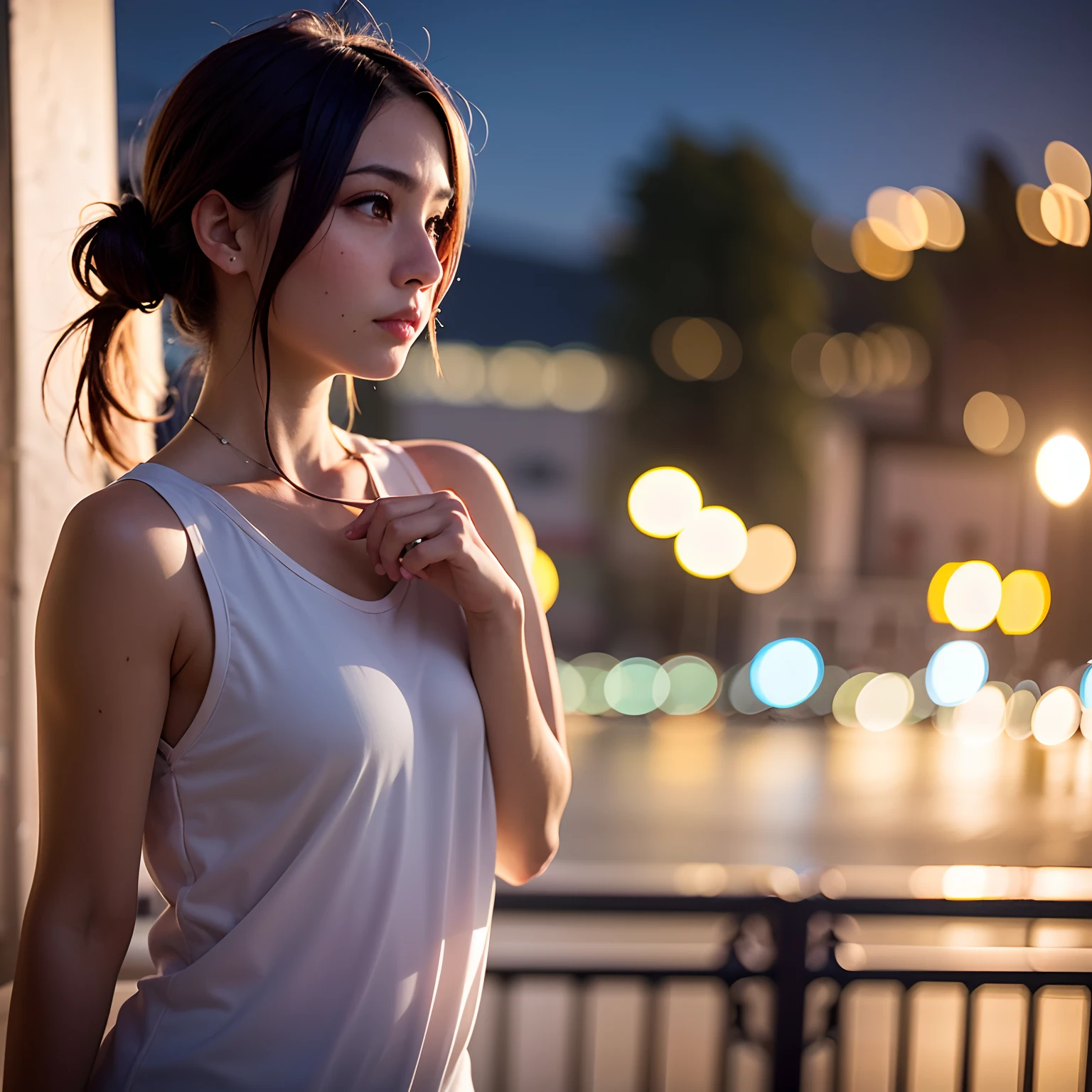best quality, ultra-detailed, an extremely delicate and beautiful, depth of field, (photorealistic:1.4), 1woman, 23 years old, casual wear, hair blowing in the wind, (night:1.7)