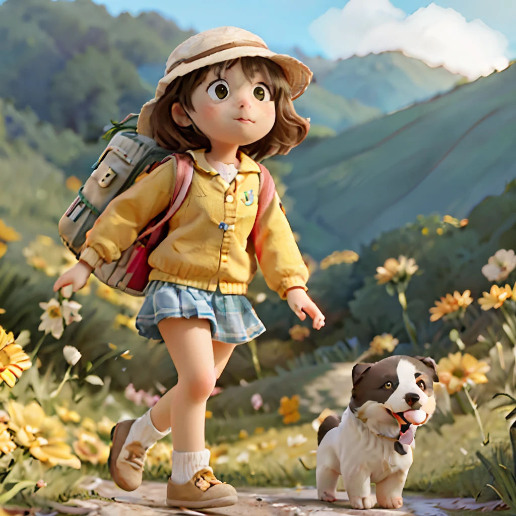 A very charming little girl with a backpack and her cute border collie puppy enjoying a lovely spring outing surrounded by beautiful yellow flowers and nature. The illustration is a high-definition illustration in 4K resolution with highly detailed facial features and cartoon-style visuals.