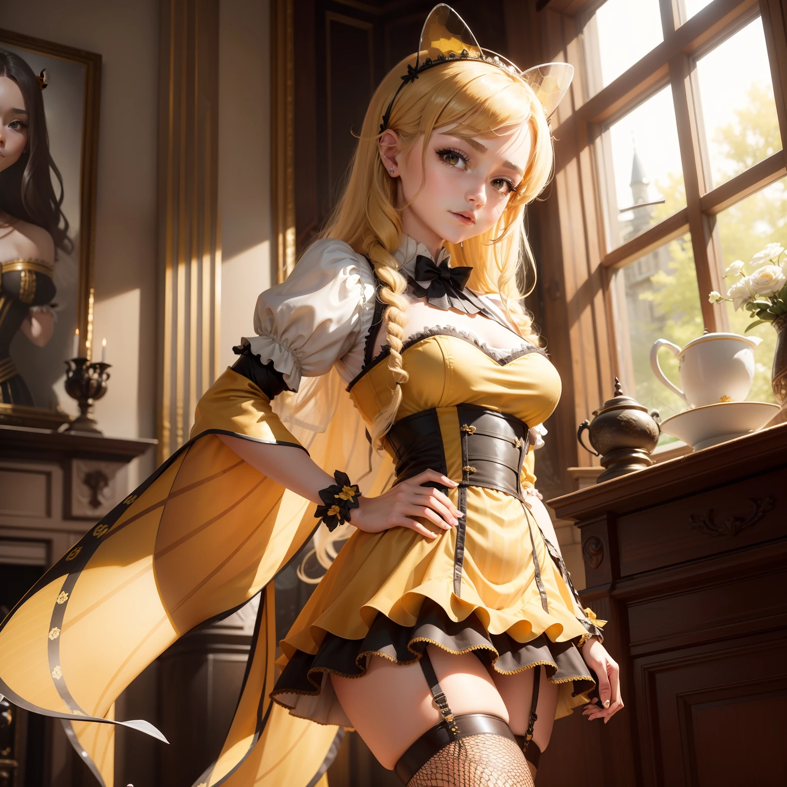 Queen in a bee-inspired dress(a miniskirt、Fishnet stockings covering the entire thigh)、realisitic、realisticlying、Raw foto、A detailed face、Inside Honeycomb Castle、Pose with index finger pointed(Apply honey on your index finger)、Inside the room is covered with honey、tall、long beautiful legs、Vertical hair roll、Proud look、Near the queen is a maid in a costume with the image of a bee next to her.(a miniskirt)