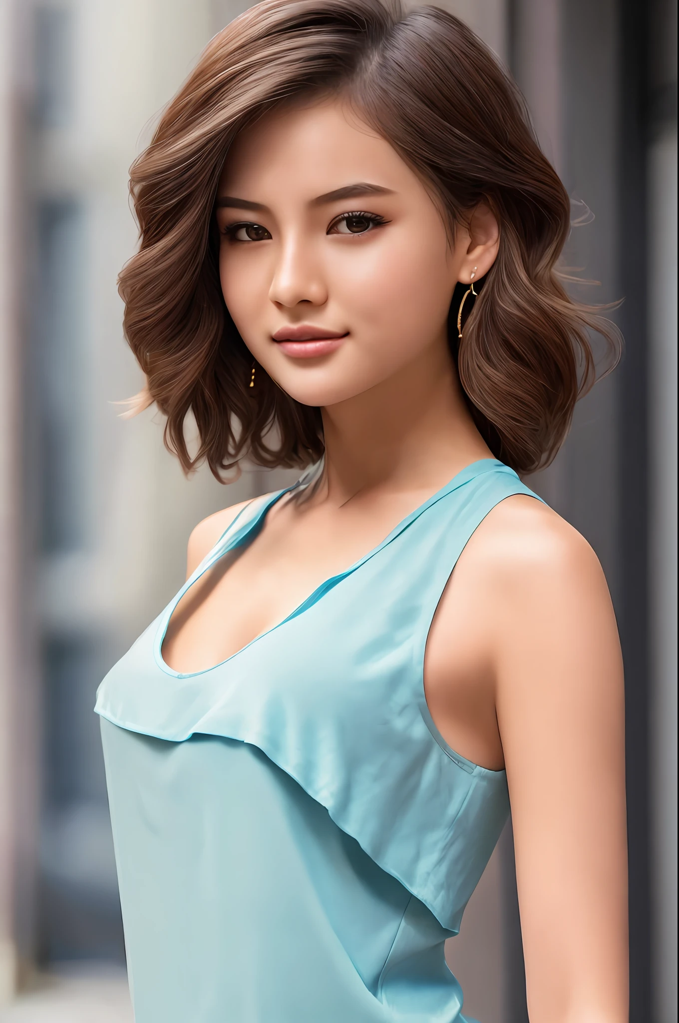 Asian woman posing for photo in blue dress and earrings, Beautiful female model, photo of a beautiful woman, portrait of a beautiful model, Beautiful model girl, 7 0 mm portrait, Beautiful young woman, Beautiful model, Soft portrait shot 8 K, Beautiful girl model, gorgeous young model, Light blue dress portrait, elegant fashion model, stunning closeupheadshot,Photos of large busts
