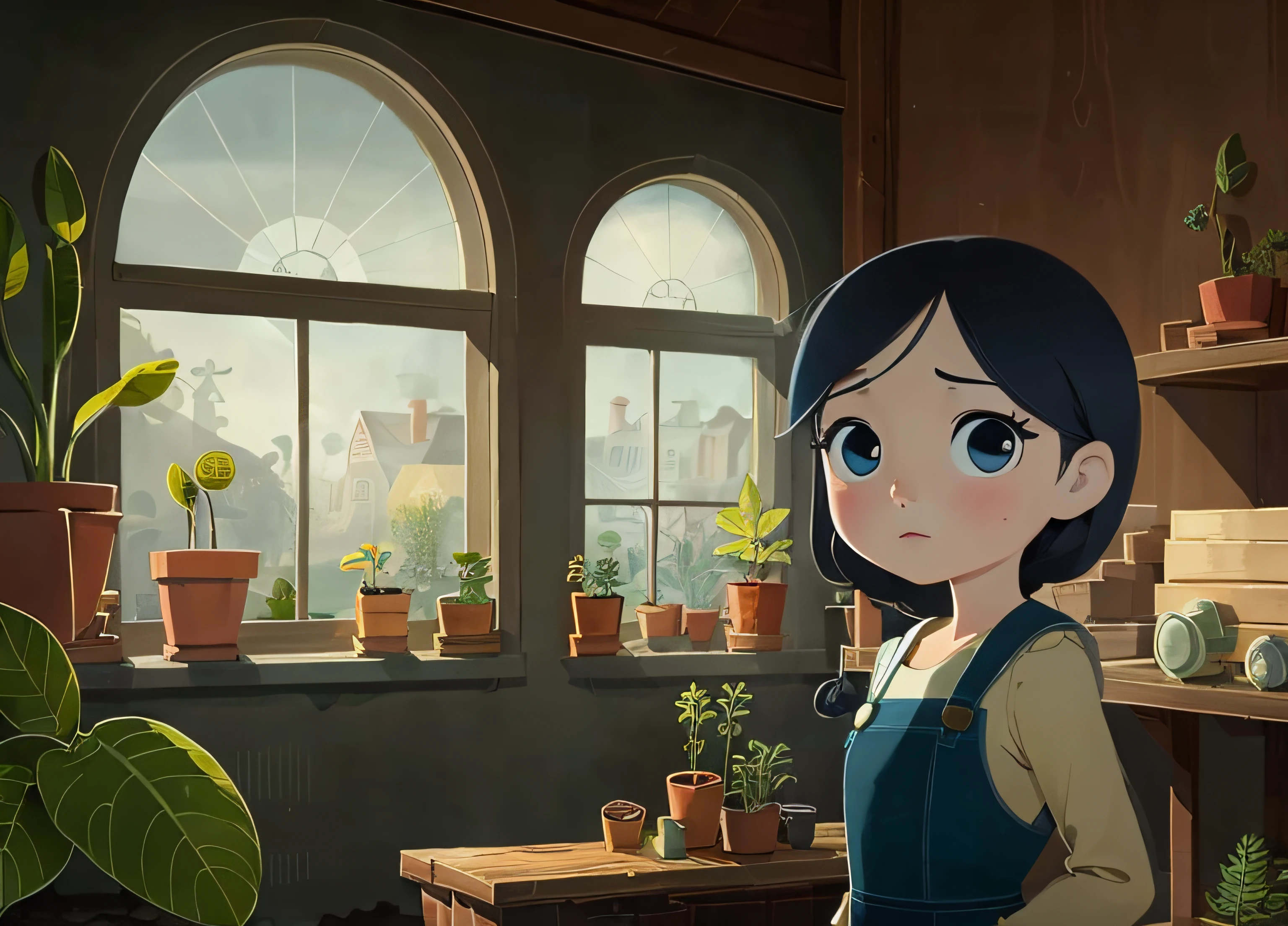 Masterpiece, Best Quality, Song of the Sea,
(Plant warehouse:1.3), window, Sateen, The Girl Who Looks Out, Dark skies
Cartoon, texture, 2d illustration,